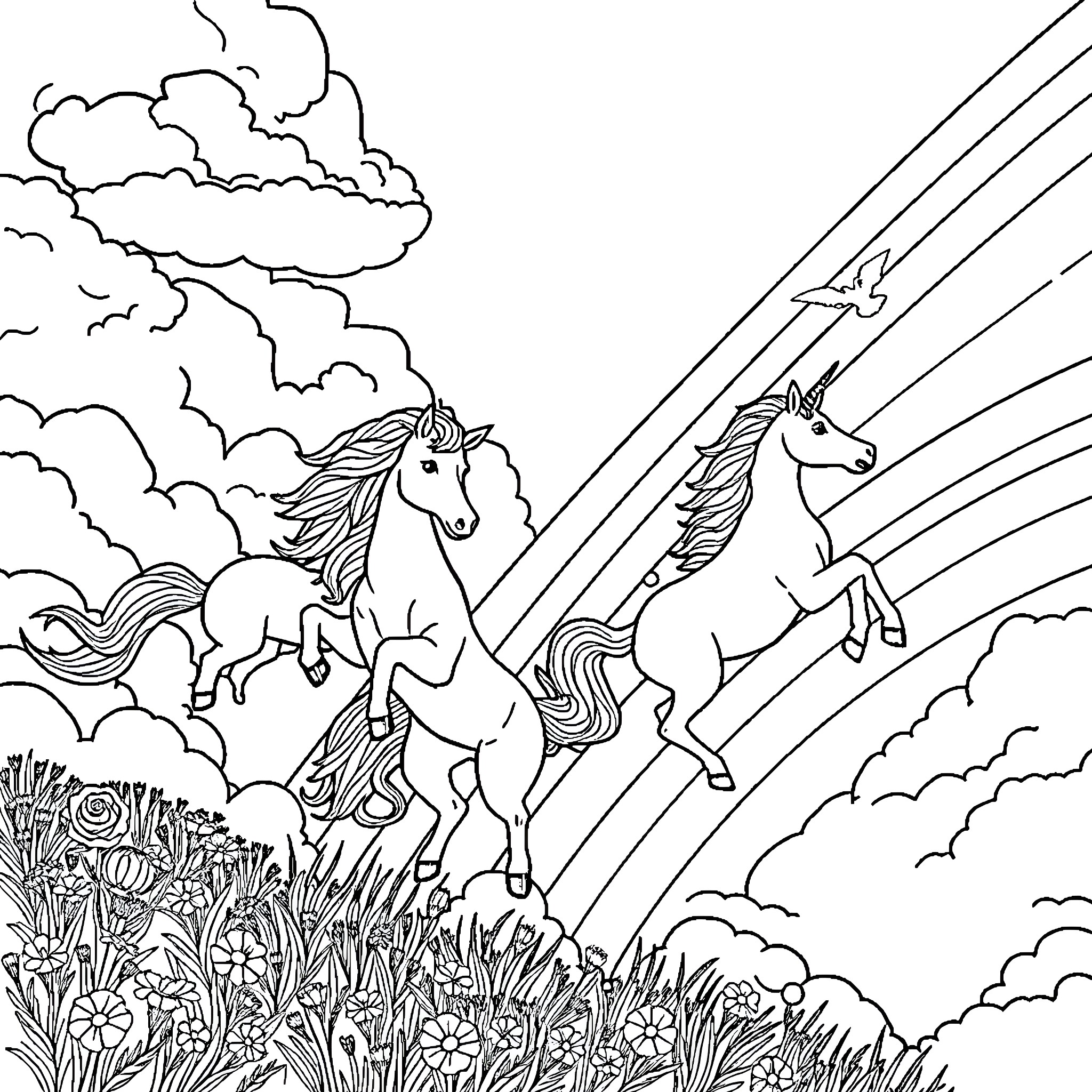 Unicorn galloping through a magical meadow Coloring Page (free black-and-white line drawing printable PDF for all, from beginners to advanced learners, including children, teens, adults, and seniors)