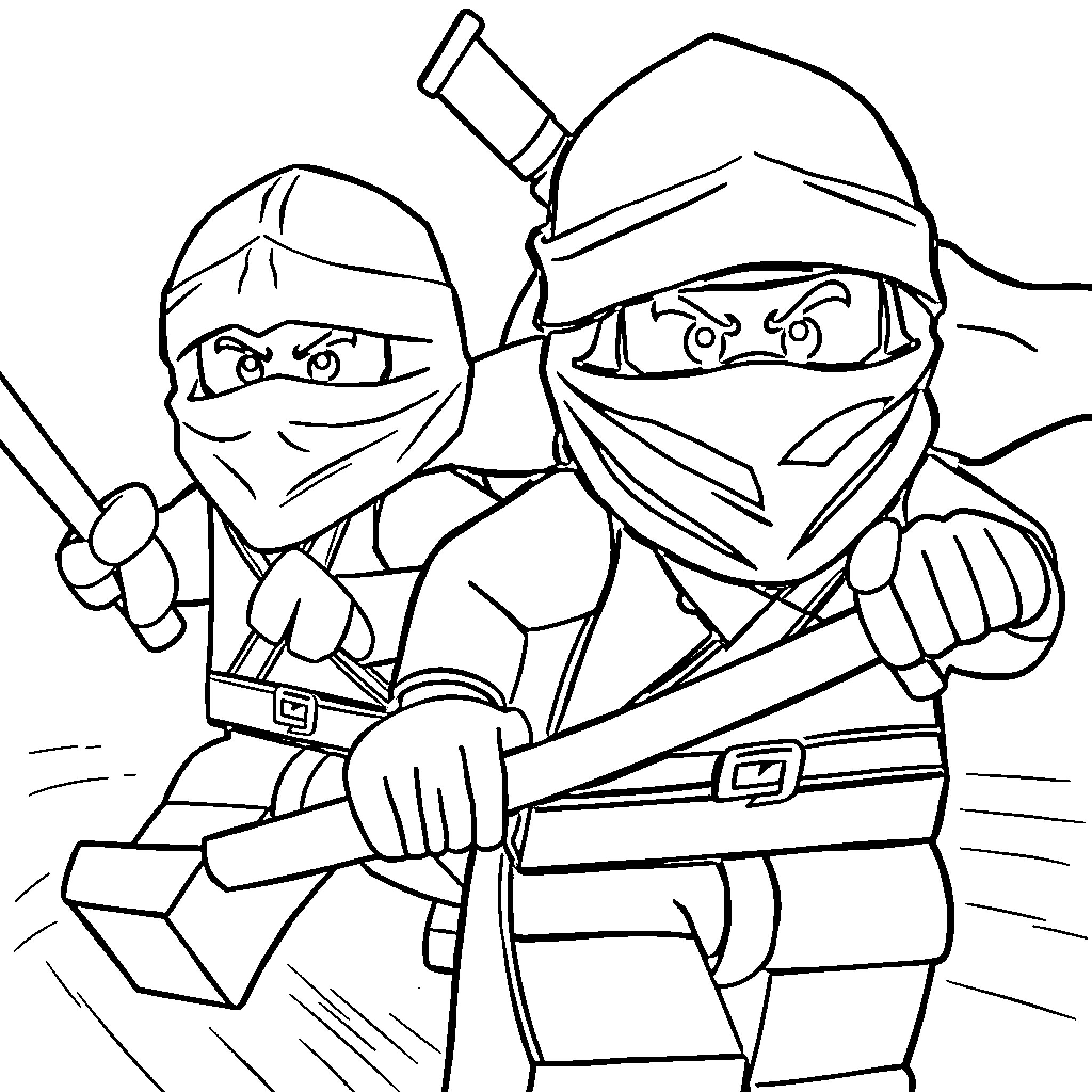 Ninja warriors in action with swords Coloring Page (free black-and-white line drawing printable PDF for all, from beginners to advanced learners, including children, teens, adults, and seniors)