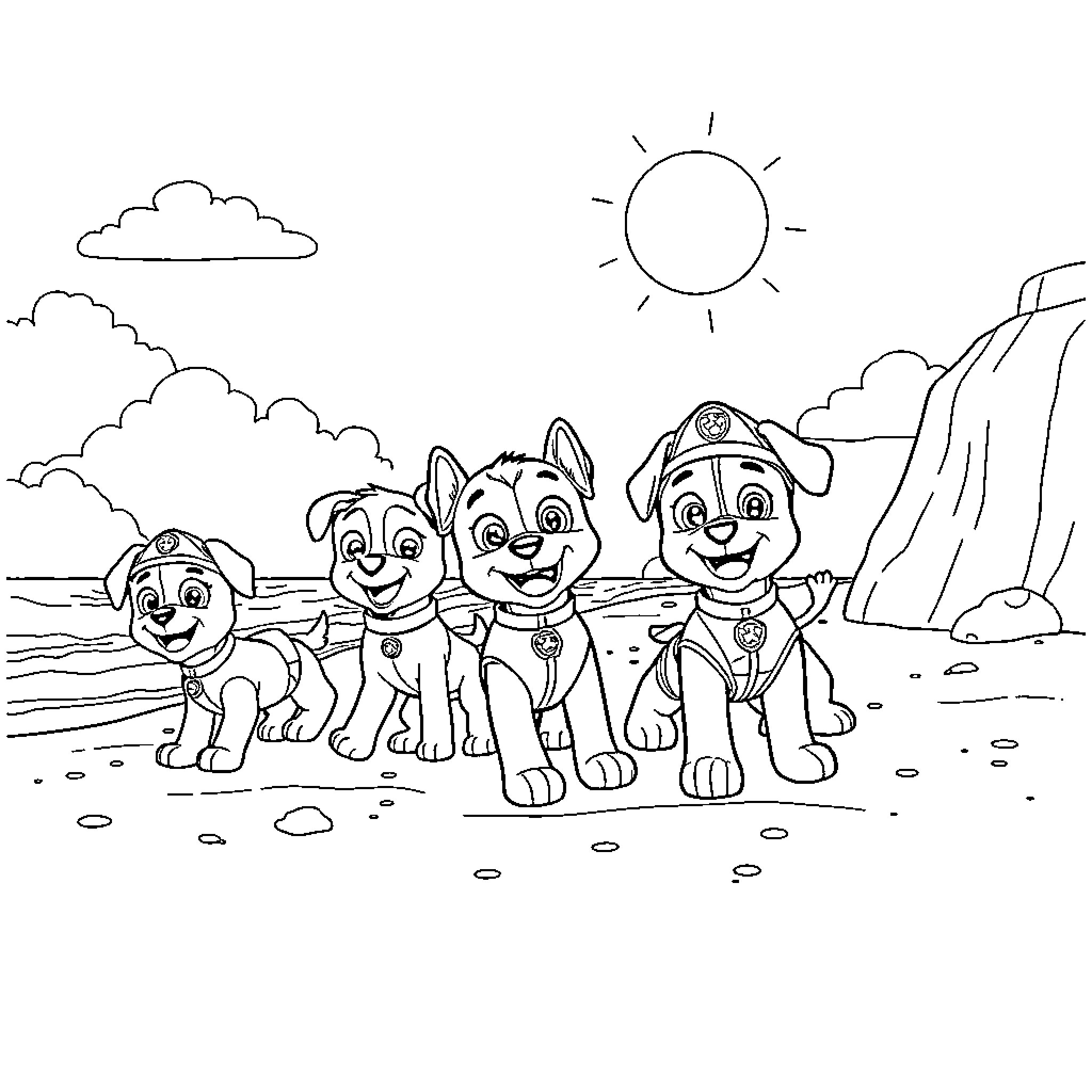 Paw Patrol Pups Playing Outdoors in the Sun Coloring Page (free black-and-white line drawing printable PDF for all, from beginners to advanced learners, including children, teens, adults, and seniors)