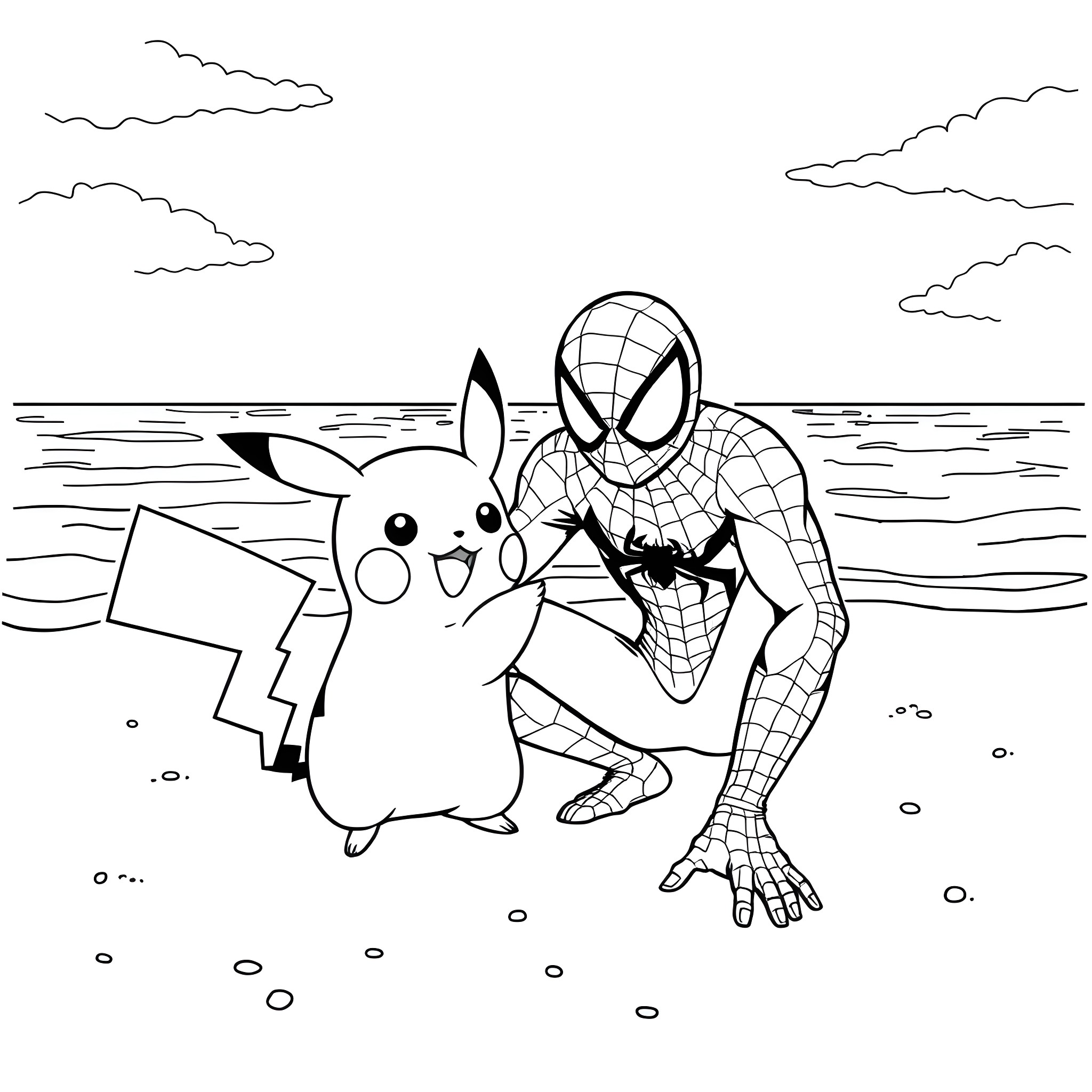 Spiderman and Pikachu playing together on the beach Coloring Page (free black-and-white line drawing printable PDF for all, from beginners to advanced learners, including children, teens, adults, and seniors)