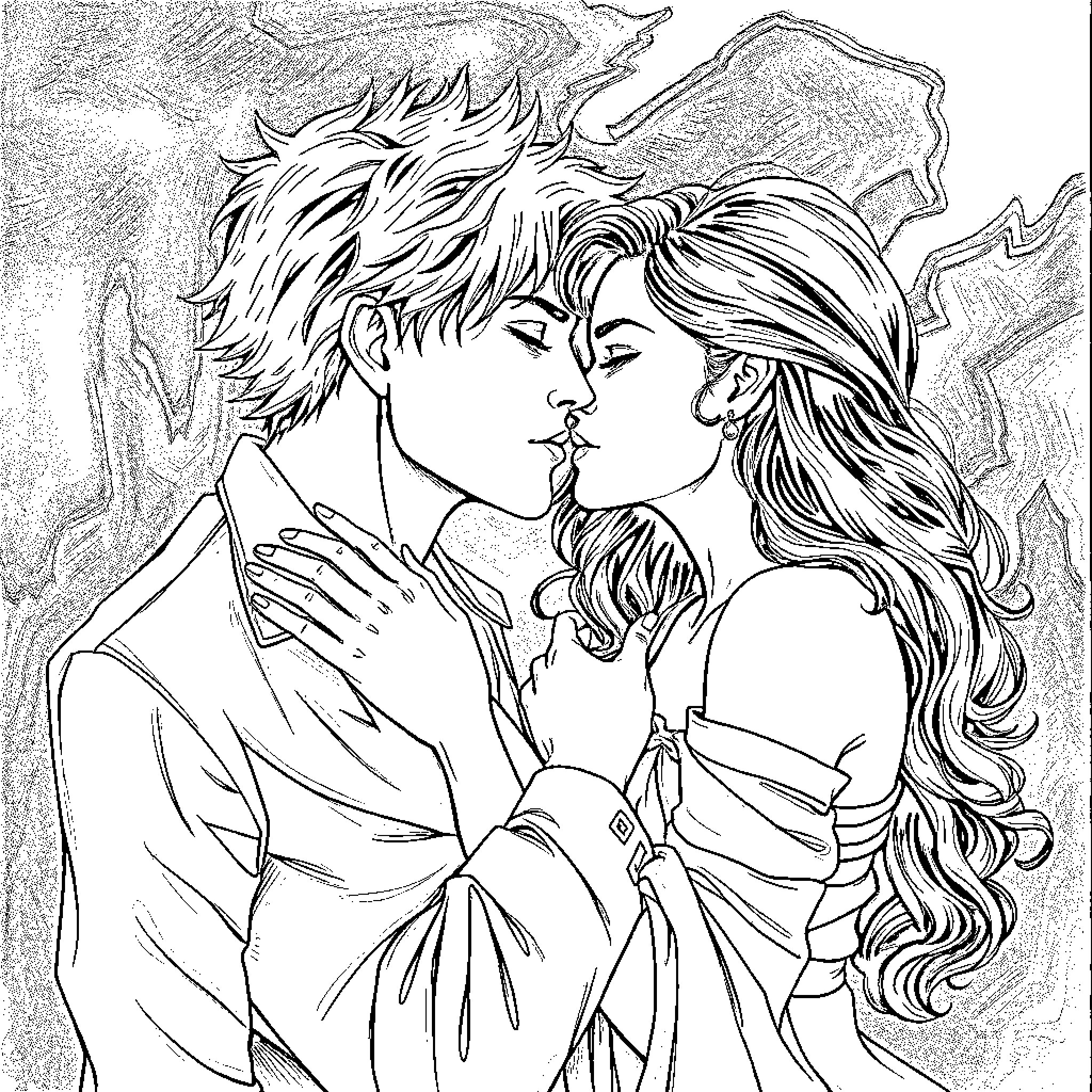 Romance between passionate lovers in the wild Coloring Page (free black-and-white line drawing printable PDF for all, from beginners to advanced learners, including children, teens, adults, and seniors)