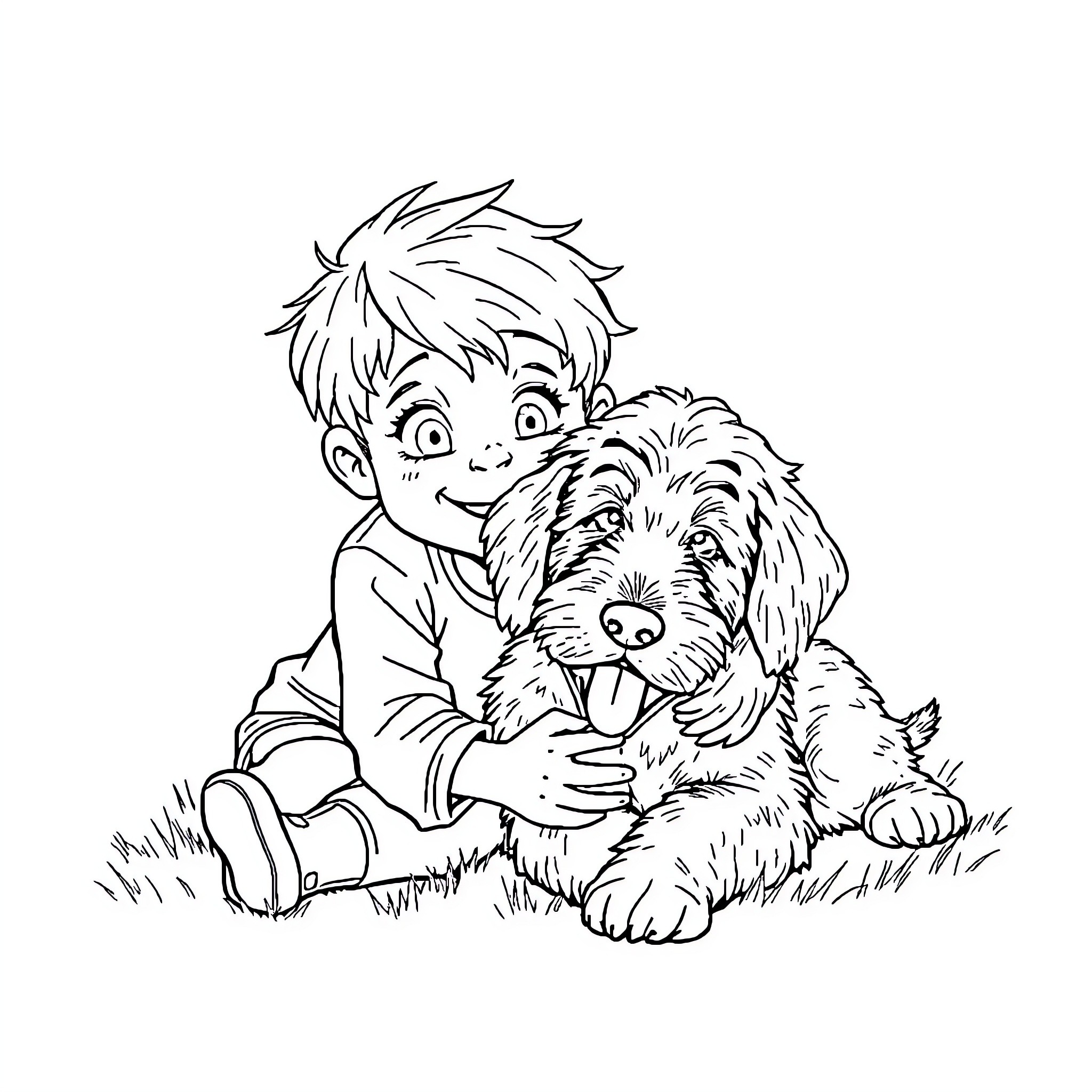 Boy playing joyfully with his pet dog Coloring Page (free black-and-white line drawing printable PDF for all, from beginners to advanced learners, including children, teens, adults, and seniors)