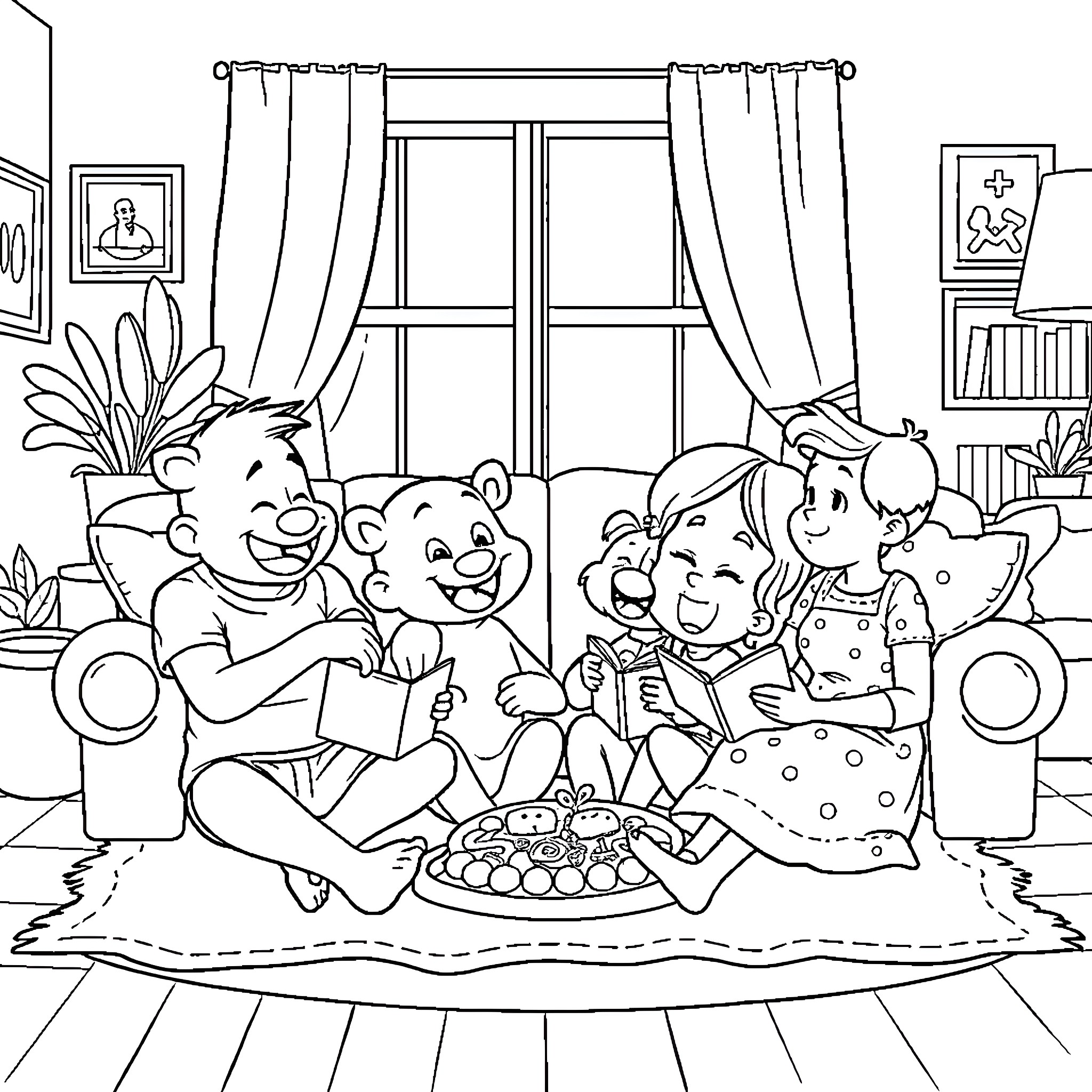 Bluey's Cozy Family Gathering Coloring Page (free black-and-white line drawing printable PDF for all, from beginners to advanced learners, including children, teens, adults, and seniors)