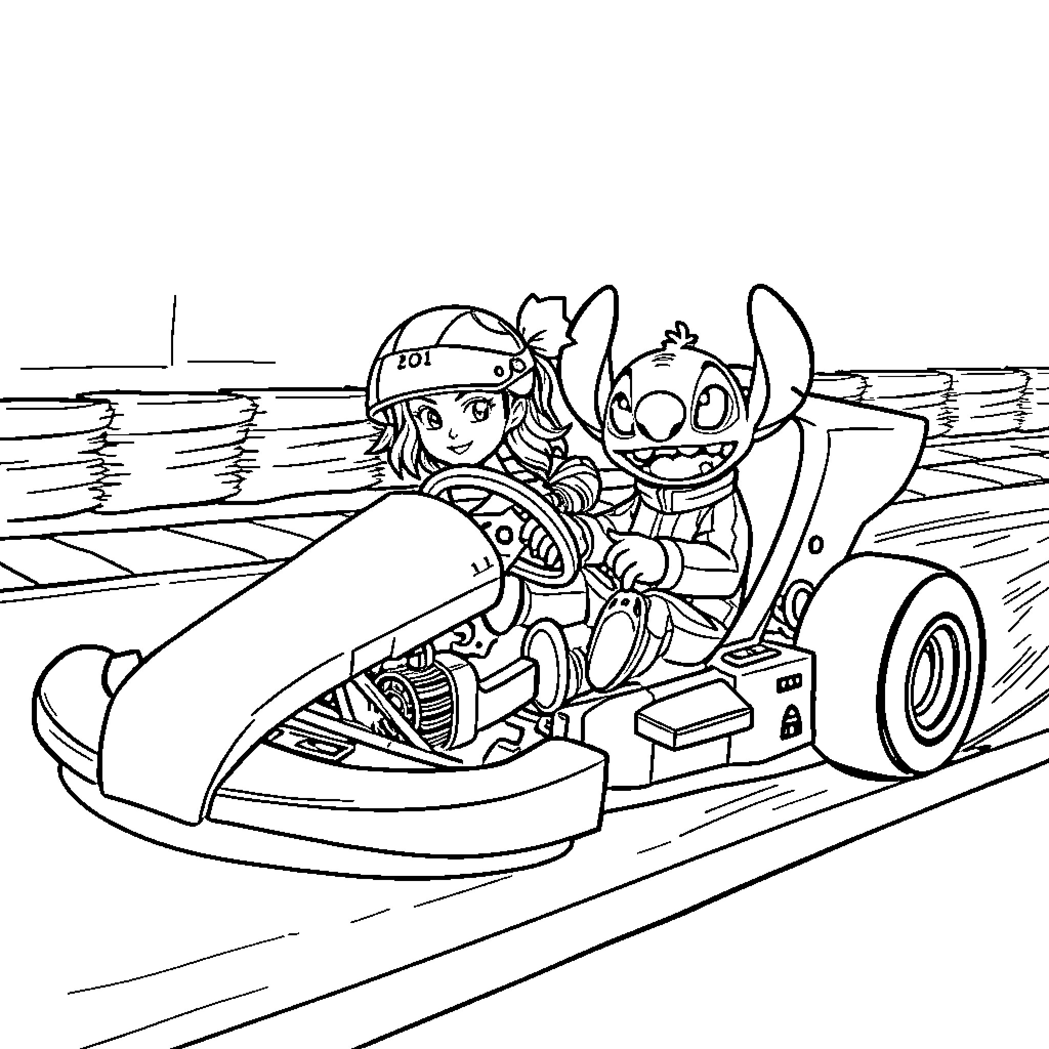 Girl racing with friendly alien in go-kart Coloring Page (free black-and-white line drawing printable PDF for all, from beginners to advanced learners, including children, teens, adults, and seniors)