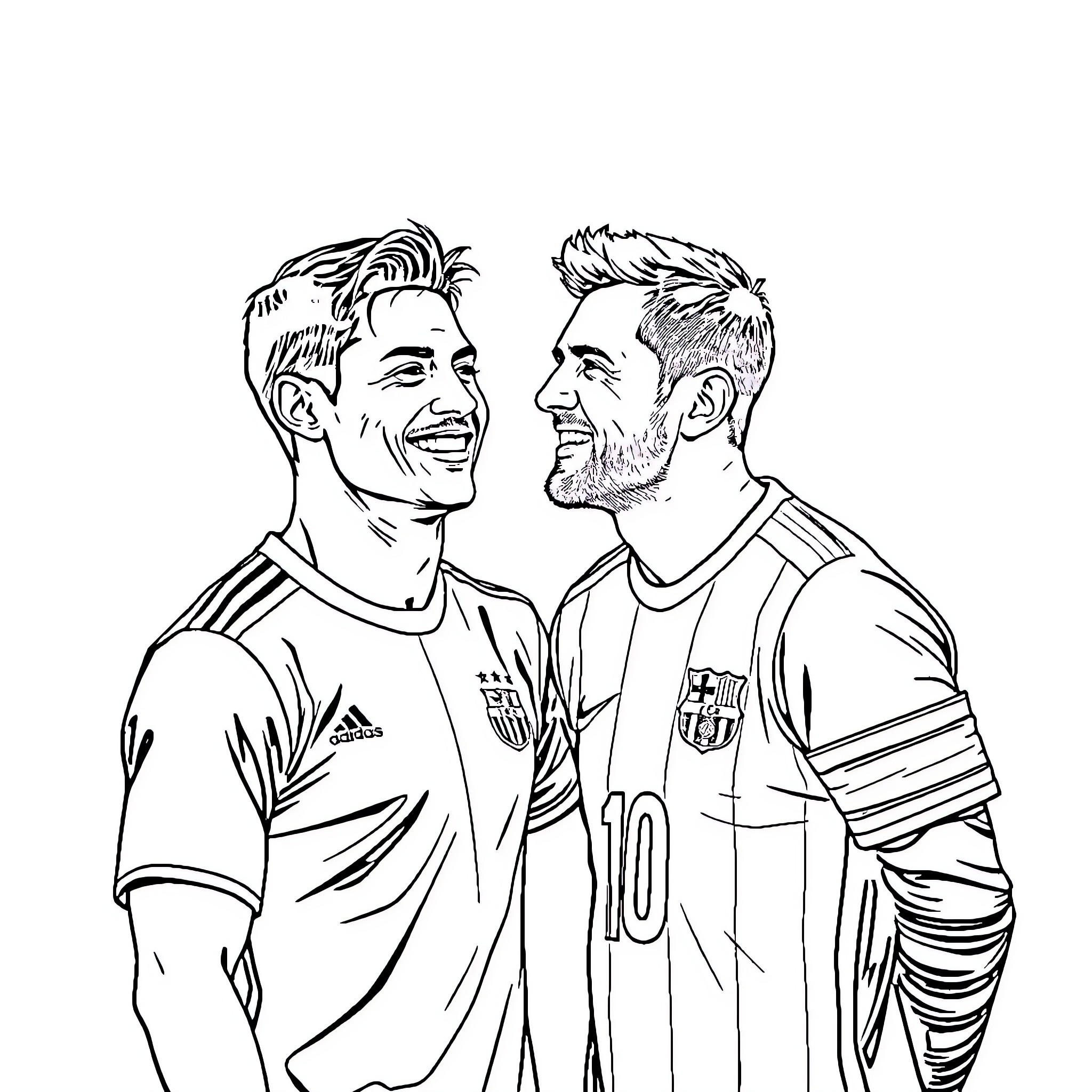 Cristiano Ronaldo and Lionel Messi Posing Together Coloring Page (free black-and-white line drawing printable PDF for all, from beginners to advanced learners, including children, teens, adults, and seniors)