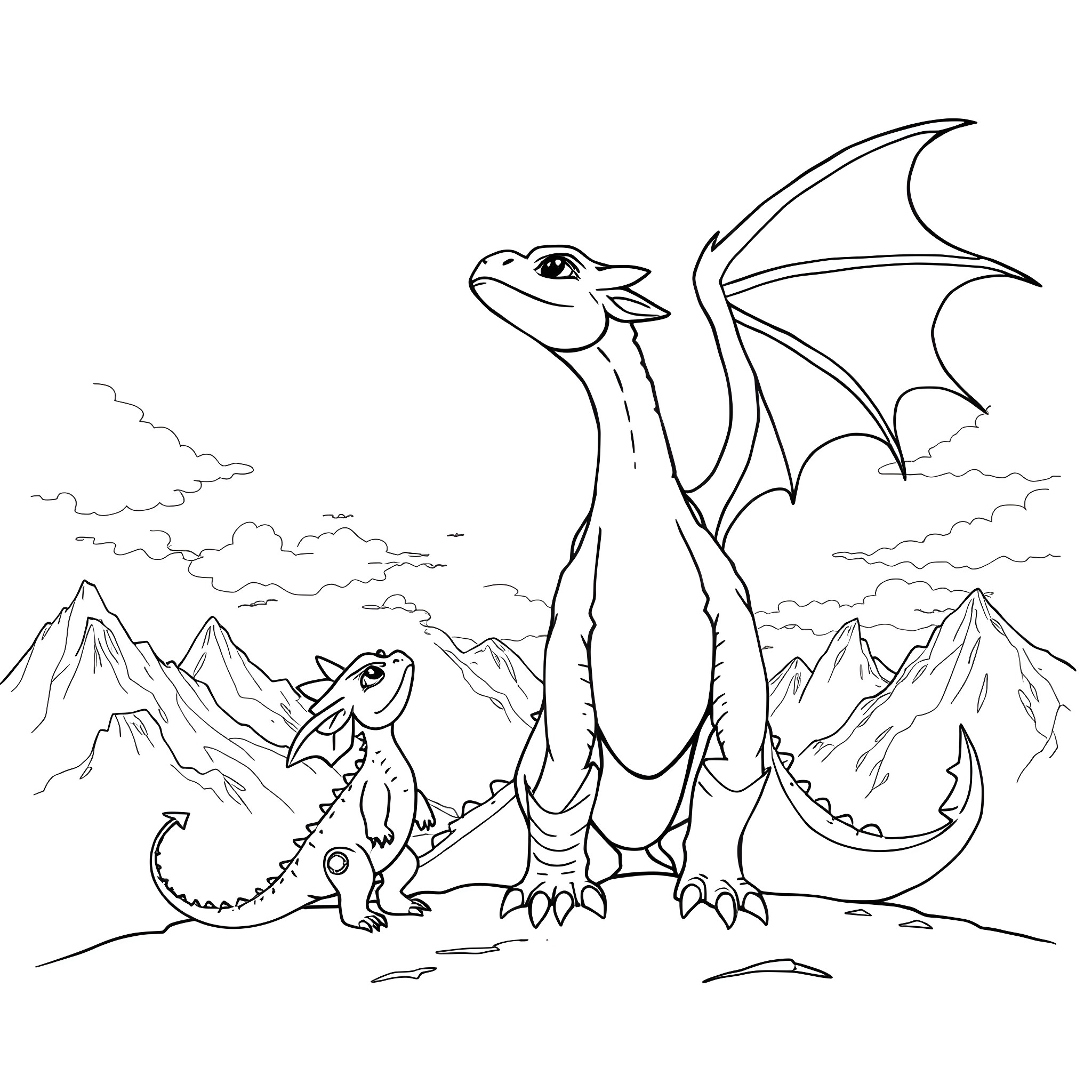Dragon siblings soaring over majestic mountains Coloring Page (free black-and-white line drawing printable PDF for all, from beginners to advanced learners, including children, teens, adults, and seniors)