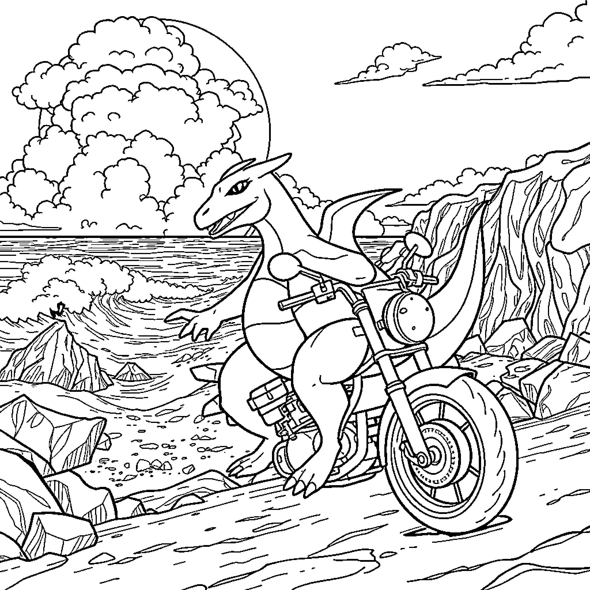 Charizard riding a motorcycle through the wilderness Coloring Page (free black-and-white line drawing printable PDF for all, from beginners to advanced learners, including children, teens, adults, and seniors)