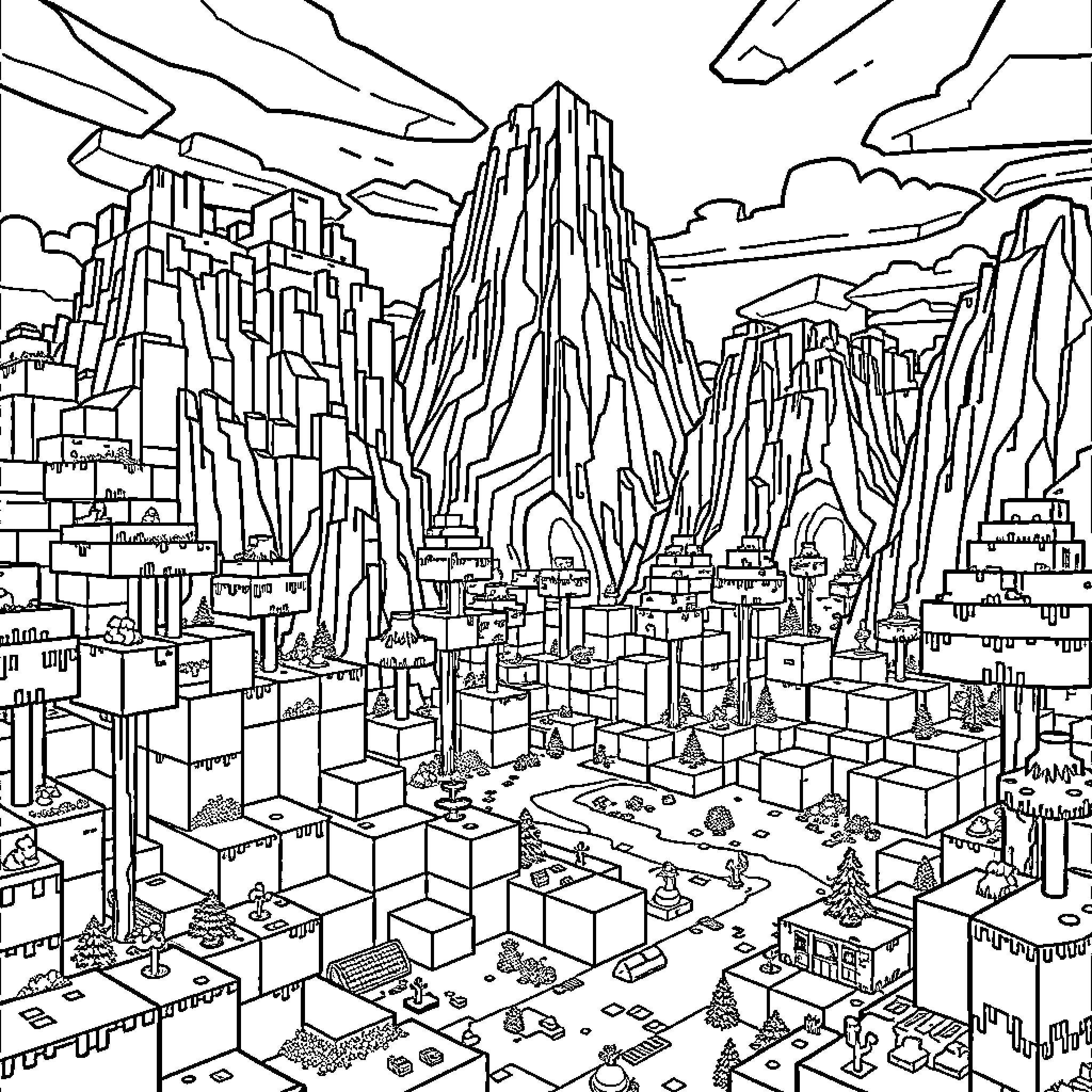 Minecraft Scenic Mountain Landscape with Buildings Coloring Page (free black-and-white line drawing printable PDF for all, from beginners to advanced learners, including children, teens, adults, and seniors)