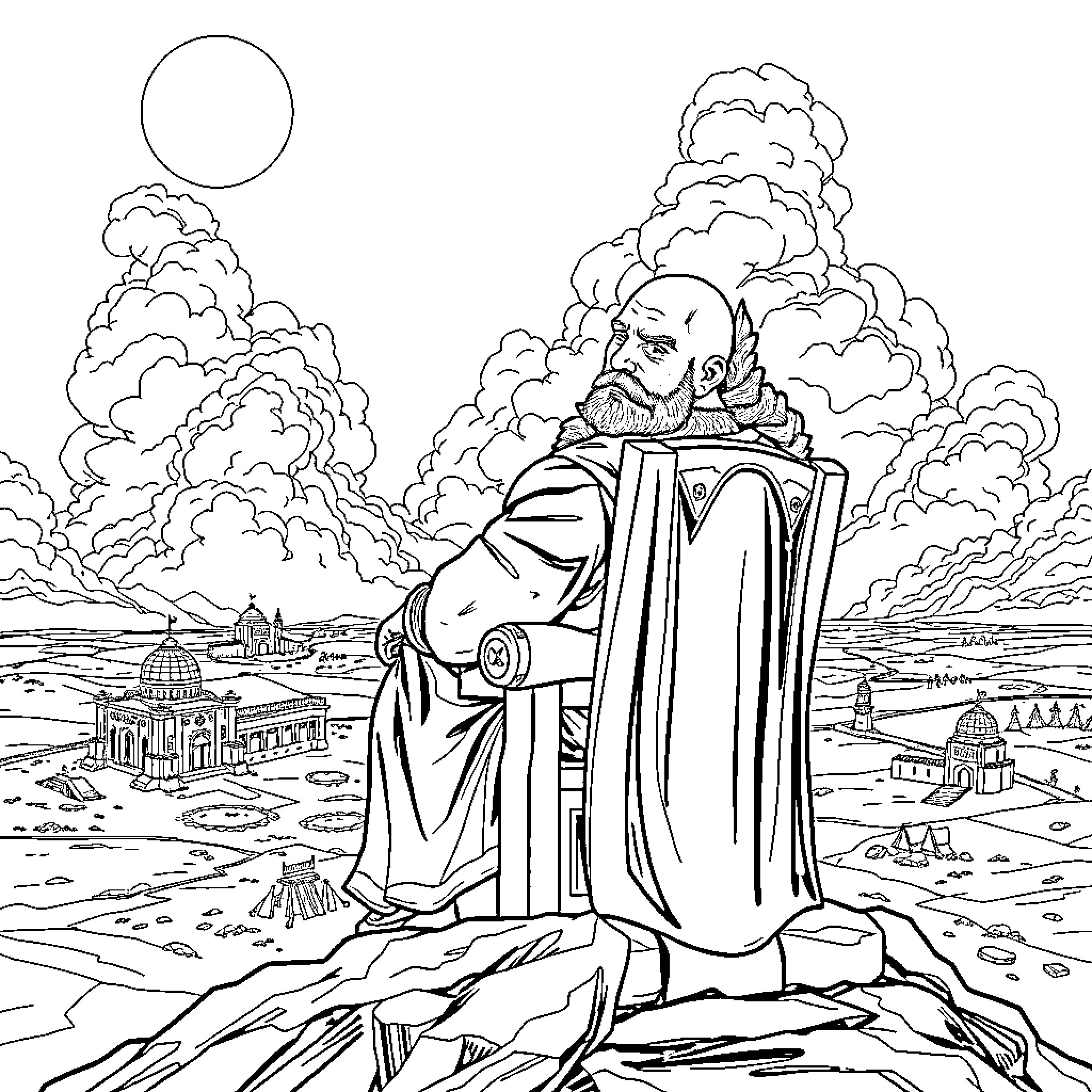 Man observing the city from a cliff Coloring Page (free black-and-white line drawing printable PDF for all, from beginners to advanced learners, including children, teens, adults, and seniors)