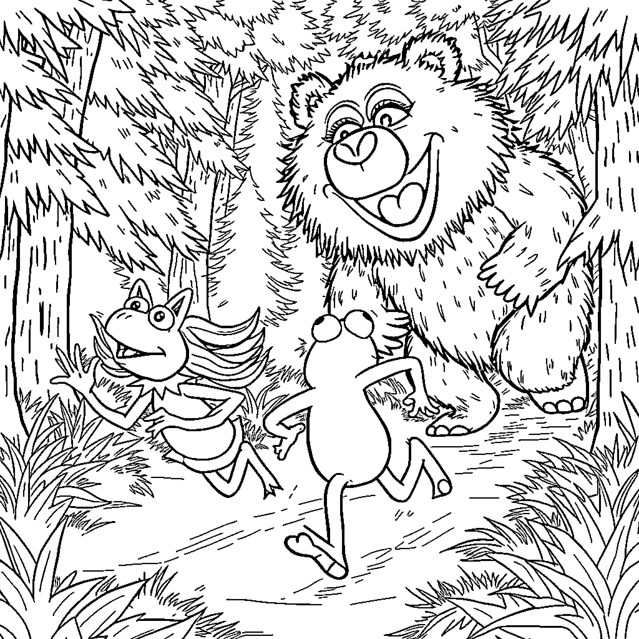 Kermit and friends explore the forest Coloring Page (free black-and-white line drawing printable PDF for all, from beginners to advanced learners, including children, teens, adults, and seniors)
