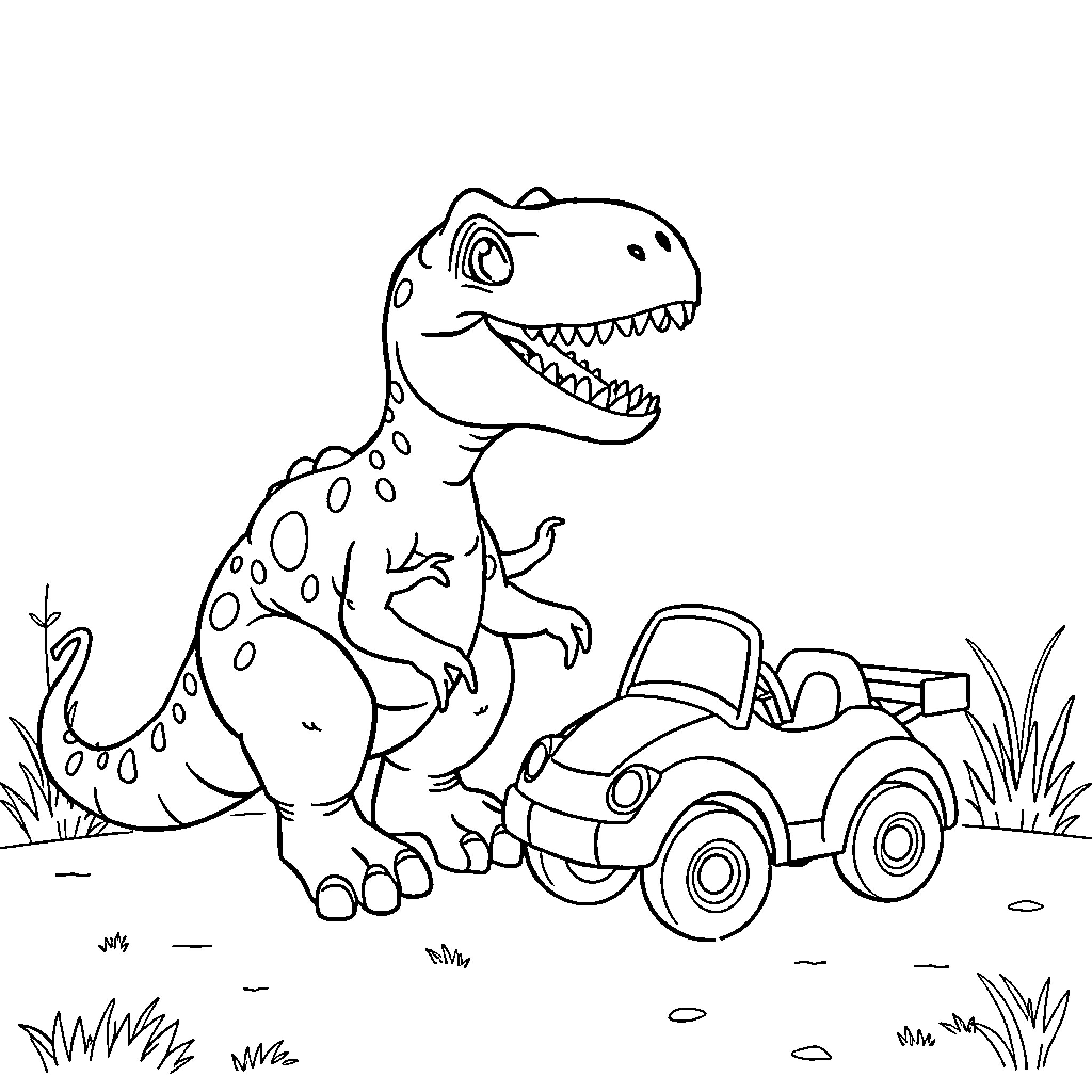 Dinosaur playing with toy car in the grass Coloring Page (free black-and-white line drawing printable PDF for all, from beginners to advanced learners, including children, teens, adults, and seniors)