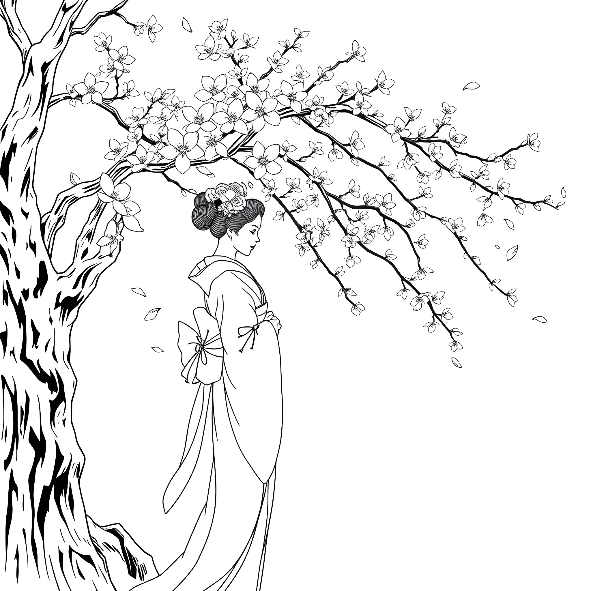 Geisha standing under blossoming cherry tree Coloring Page (free black-and-white line drawing printable PDF for all, from beginners to advanced learners, including children, teens, adults, and seniors)