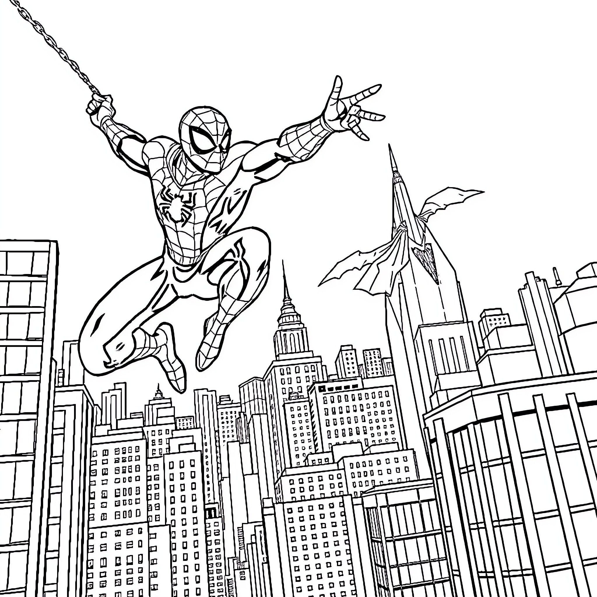 Superhero swinging through the city skyline Coloring Page (free black-and-white line drawing printable PDF for all, from beginners to advanced learners, including children, teens, adults, and seniors)