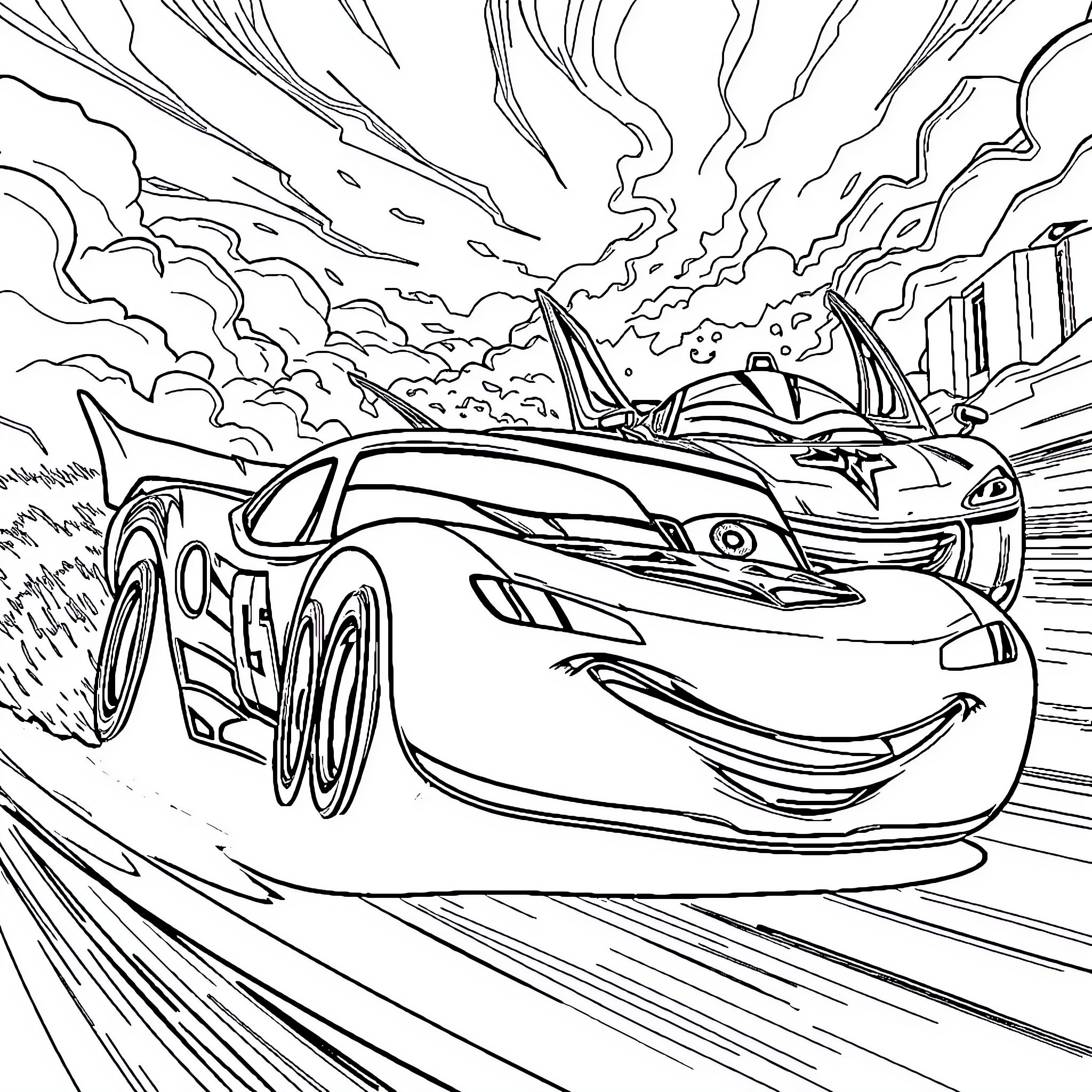 Car racing at high speed on a winding road Coloring Page (free black-and-white line drawing printable PDF for all, from beginners to advanced learners, including children, teens, adults, and seniors)