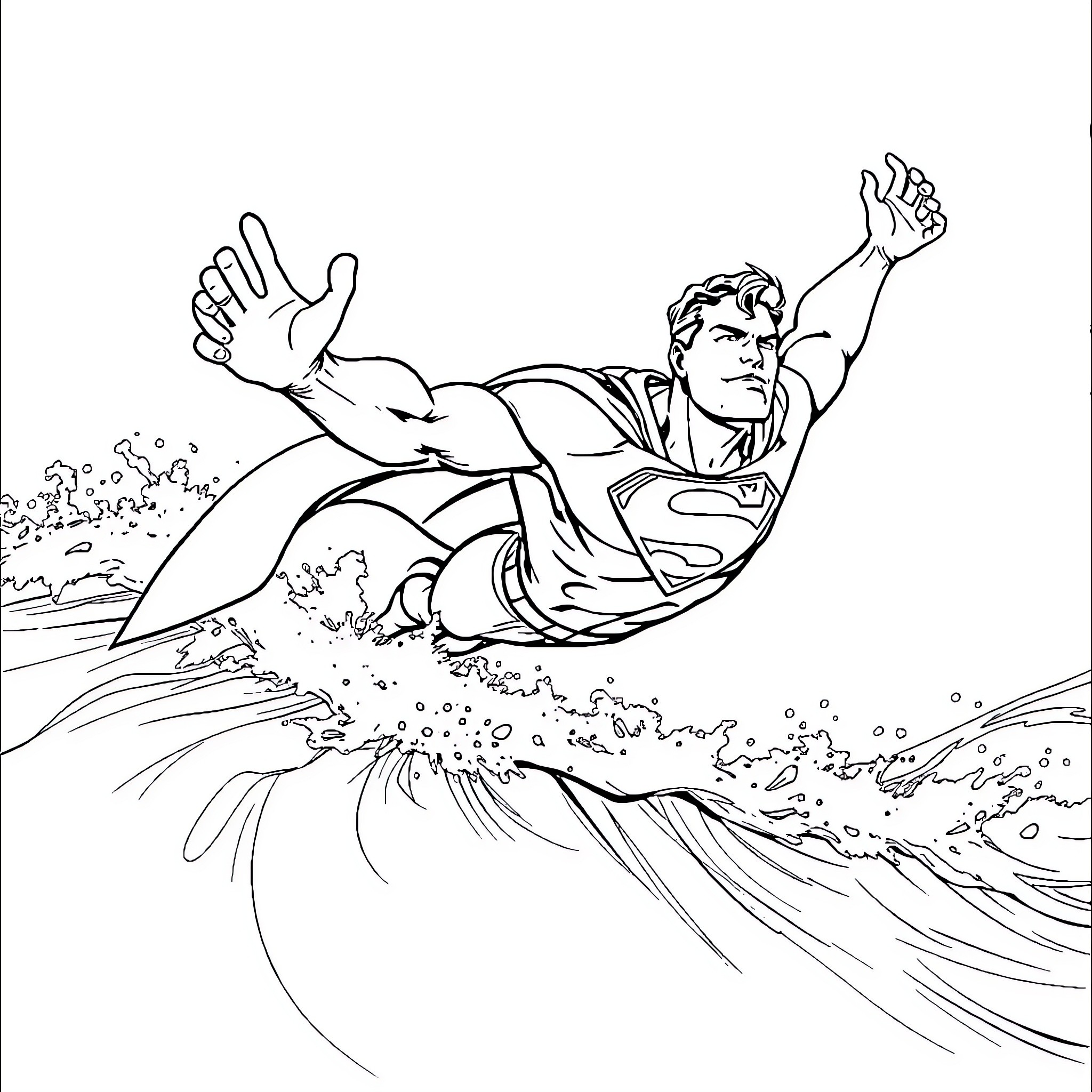 Superman soaring through the air with determination Coloring Page (free black-and-white line drawing printable PDF for all, from beginners to advanced learners, including children, teens, adults, and seniors)