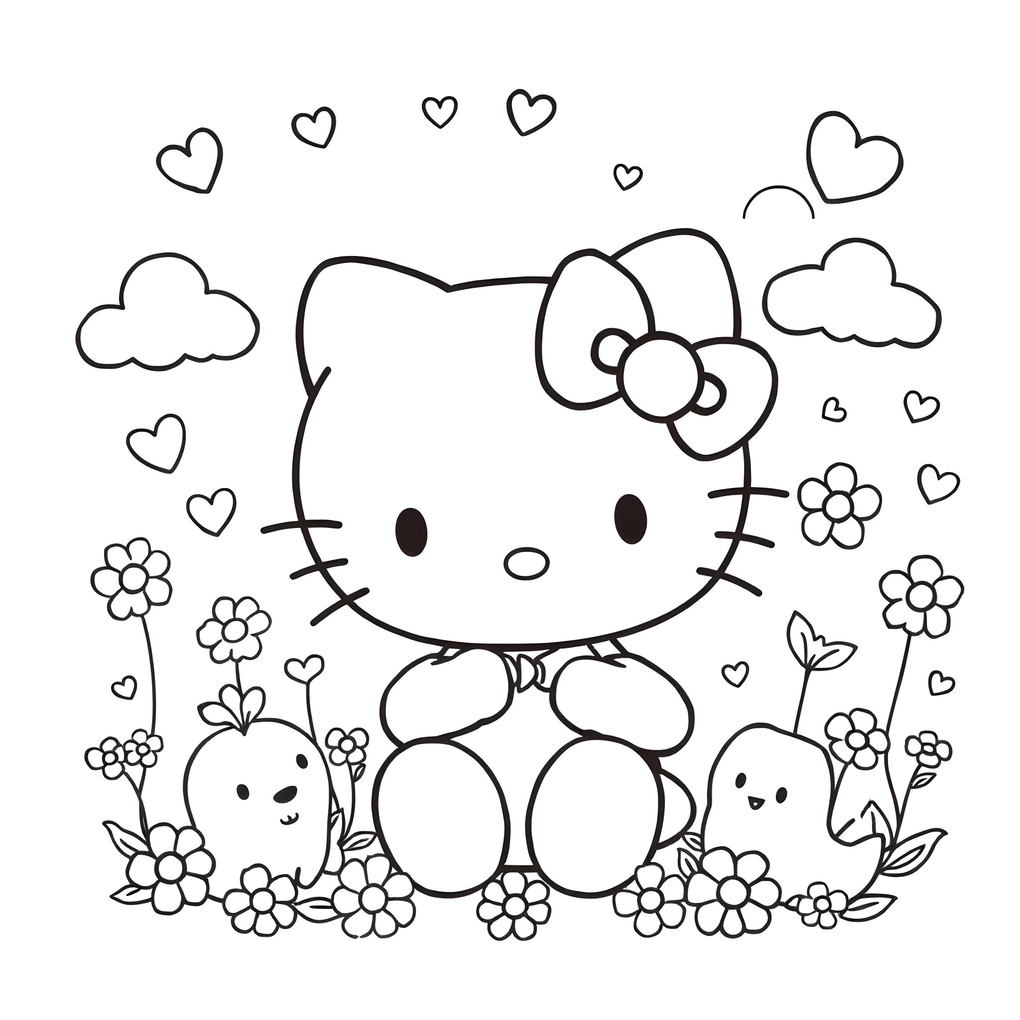 Hello Kitty playing with friends in a floral garden Coloring Page (free black-and-white line drawing printable PDF for all, from beginners to advanced learners, including children, teens, adults, and seniors)