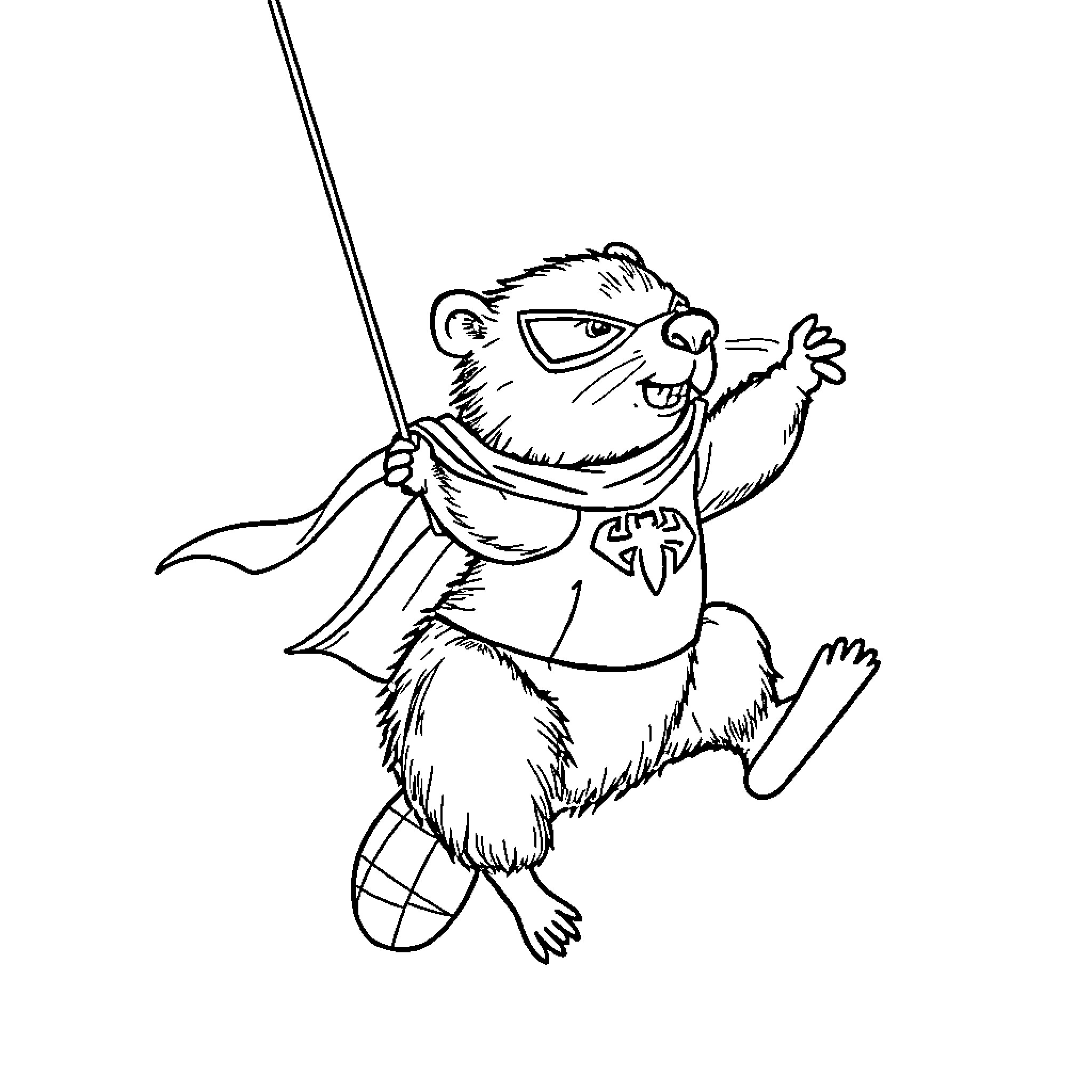 Beaver in superhero costume flying with cape Coloring Page (free black-and-white line drawing printable PDF for all, from beginners to advanced learners, including children, teens, adults, and seniors)