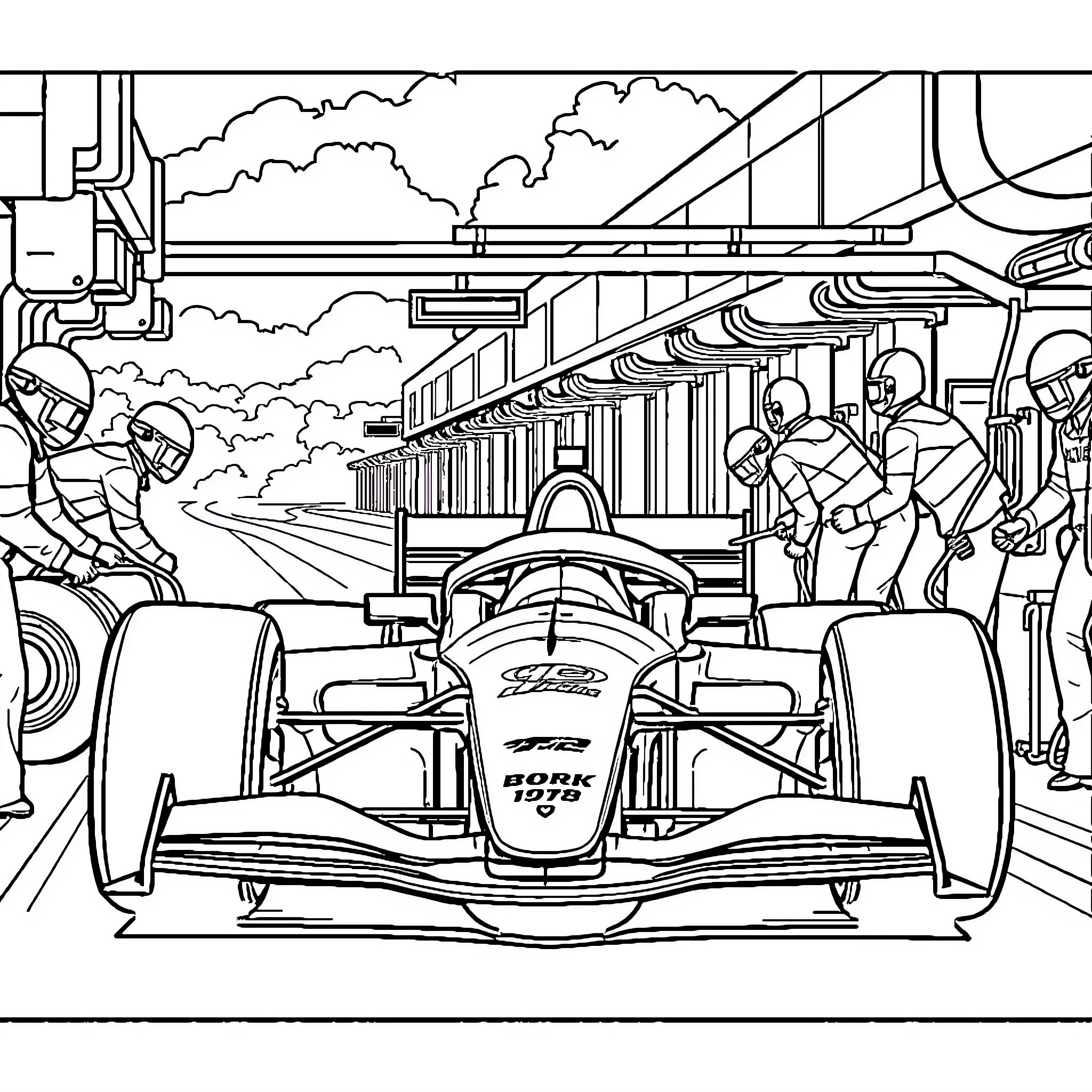 Formula 1 Car racing in the paddock Coloring Page (free black-and-white line drawing printable PDF for all, from beginners to advanced learners, including children, teens, adults, and seniors)