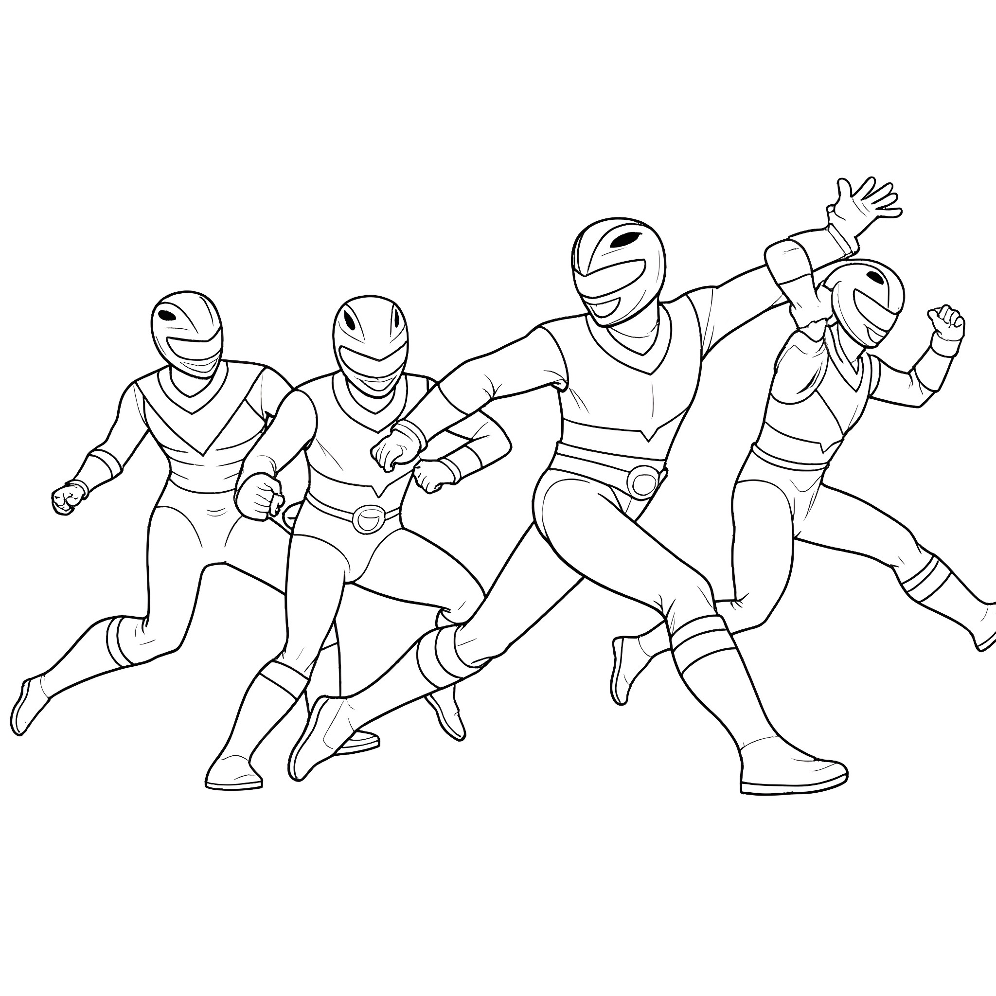 Power Rangers in action stance Coloring Page (free black-and-white line drawing printable PDF for all, from beginners to advanced learners, including children, teens, adults, and seniors)