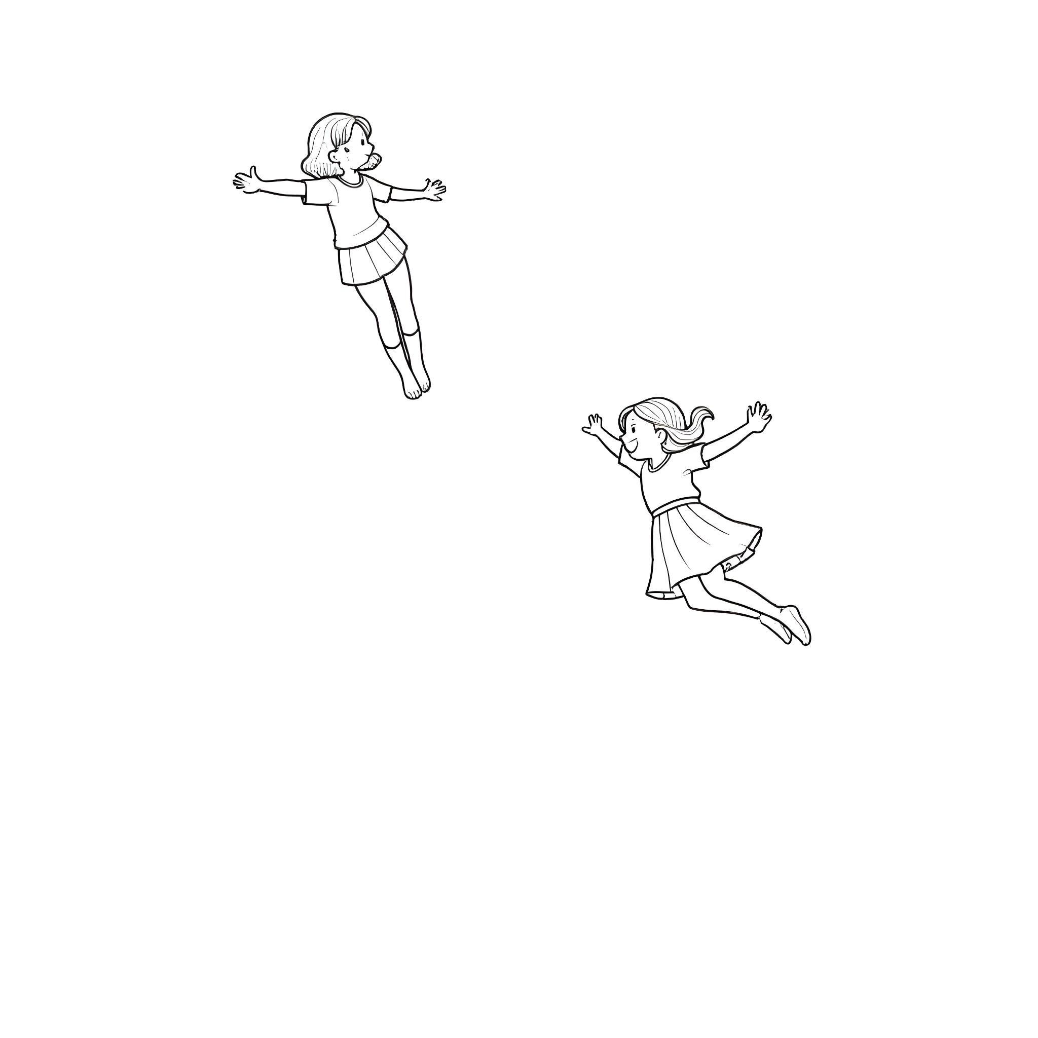 Girls happily jumping in the air Coloring Page (free black-and-white line drawing printable PDF for all, from beginners to advanced learners, including children, teens, adults, and seniors)