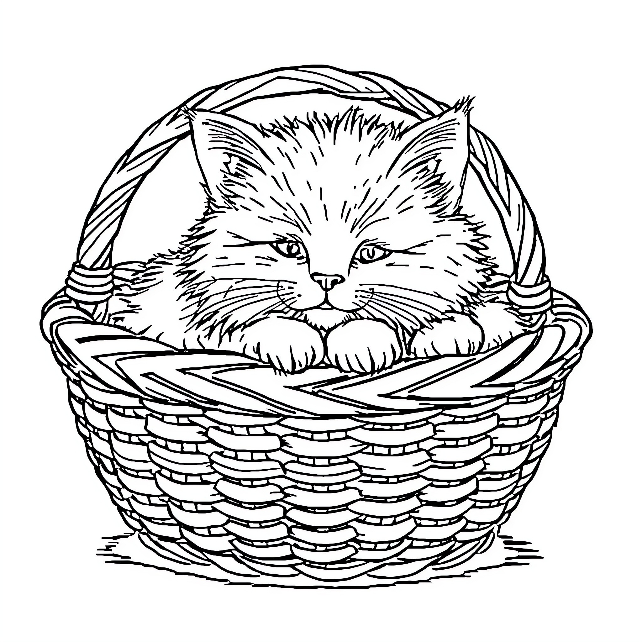 Cat nestled in a cozy woven basket Coloring Page (free black-and-white line drawing printable PDF for all, from beginners to advanced learners, including children, teens, adults, and seniors)