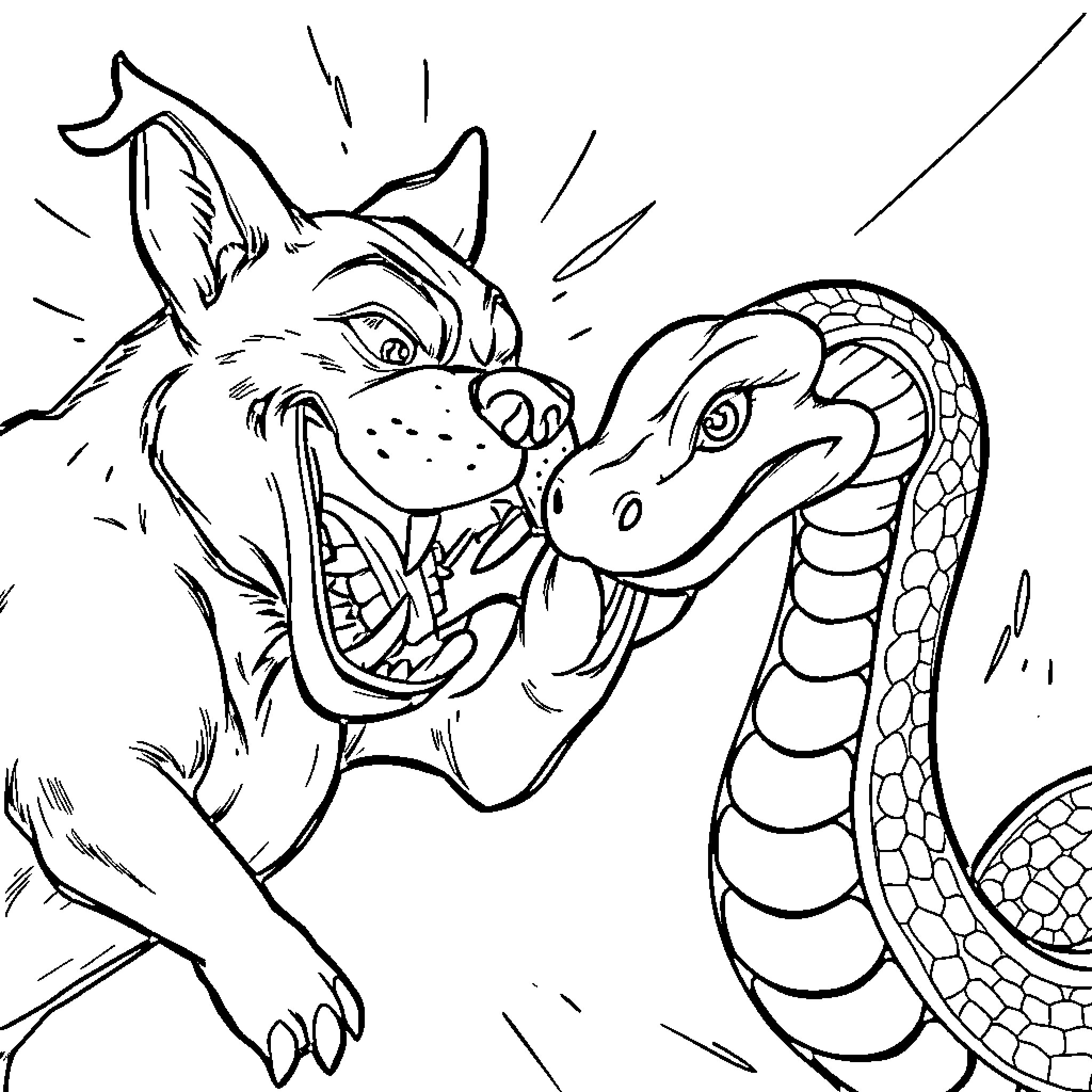 Dog confronting angry snake Coloring Page (free black-and-white line drawing printable PDF for all, from beginners to advanced learners, including children, teens, adults, and seniors)