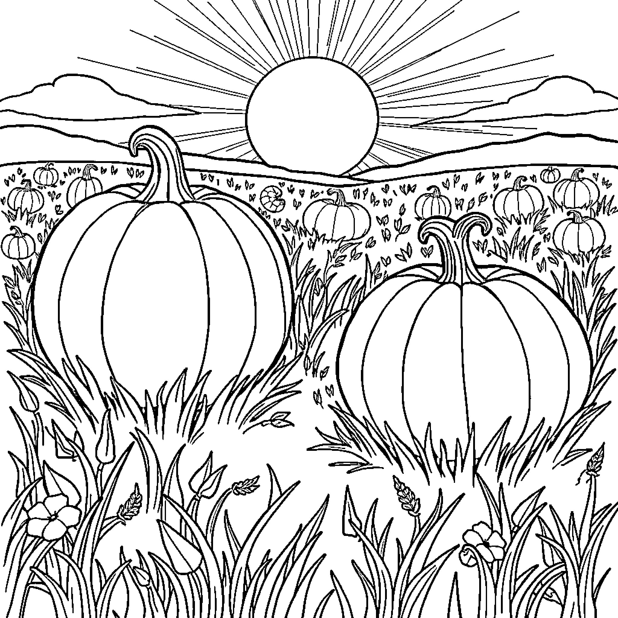 Pumpkin patch in the sunshine Coloring Page (free black-and-white line drawing printable PDF for all, from beginners to advanced learners, including children, teens, adults, and seniors)