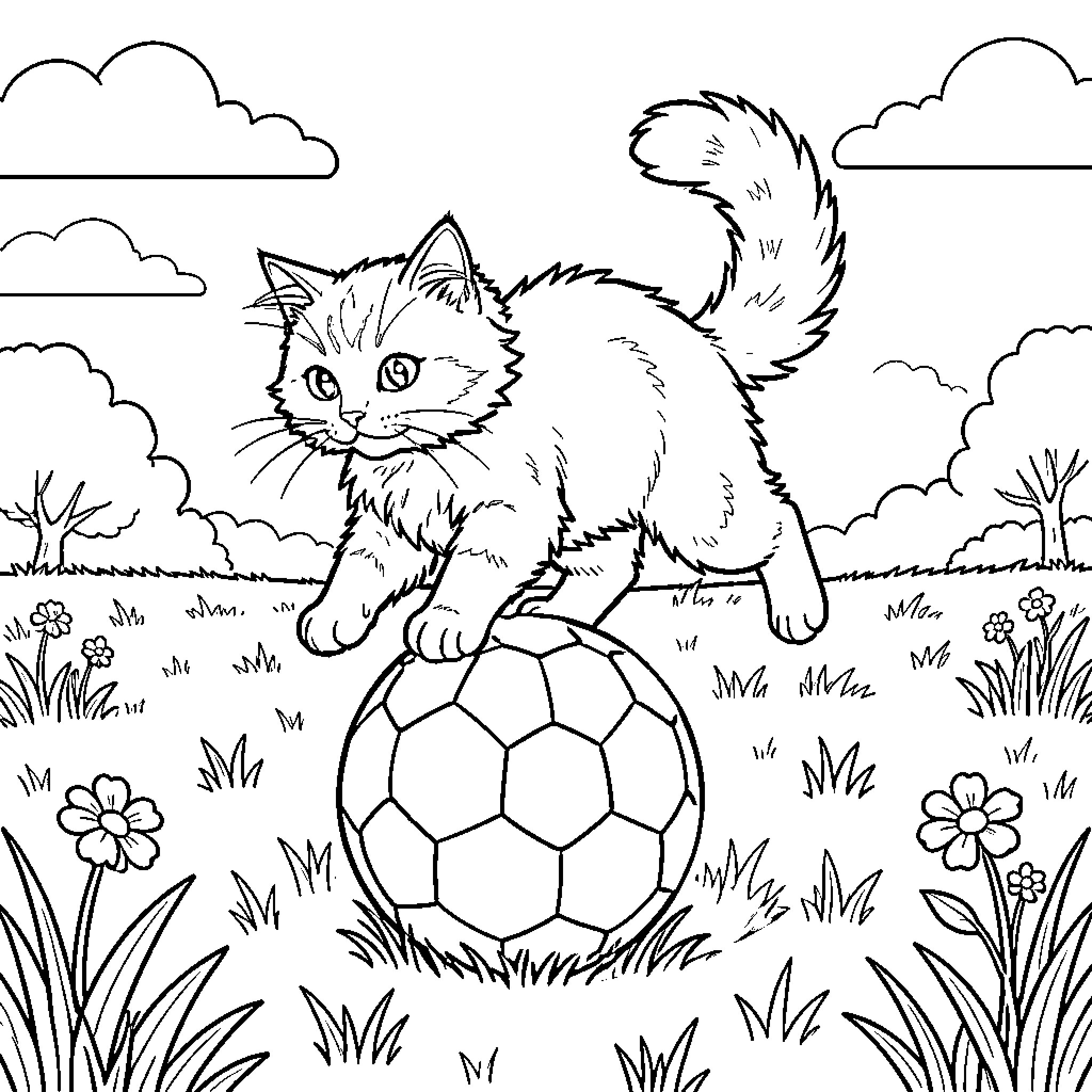 Cat playing with soccer ball in grassy field Coloring Page (free black-and-white line drawing printable PDF for all, from beginners to advanced learners, including children, teens, adults, and seniors)