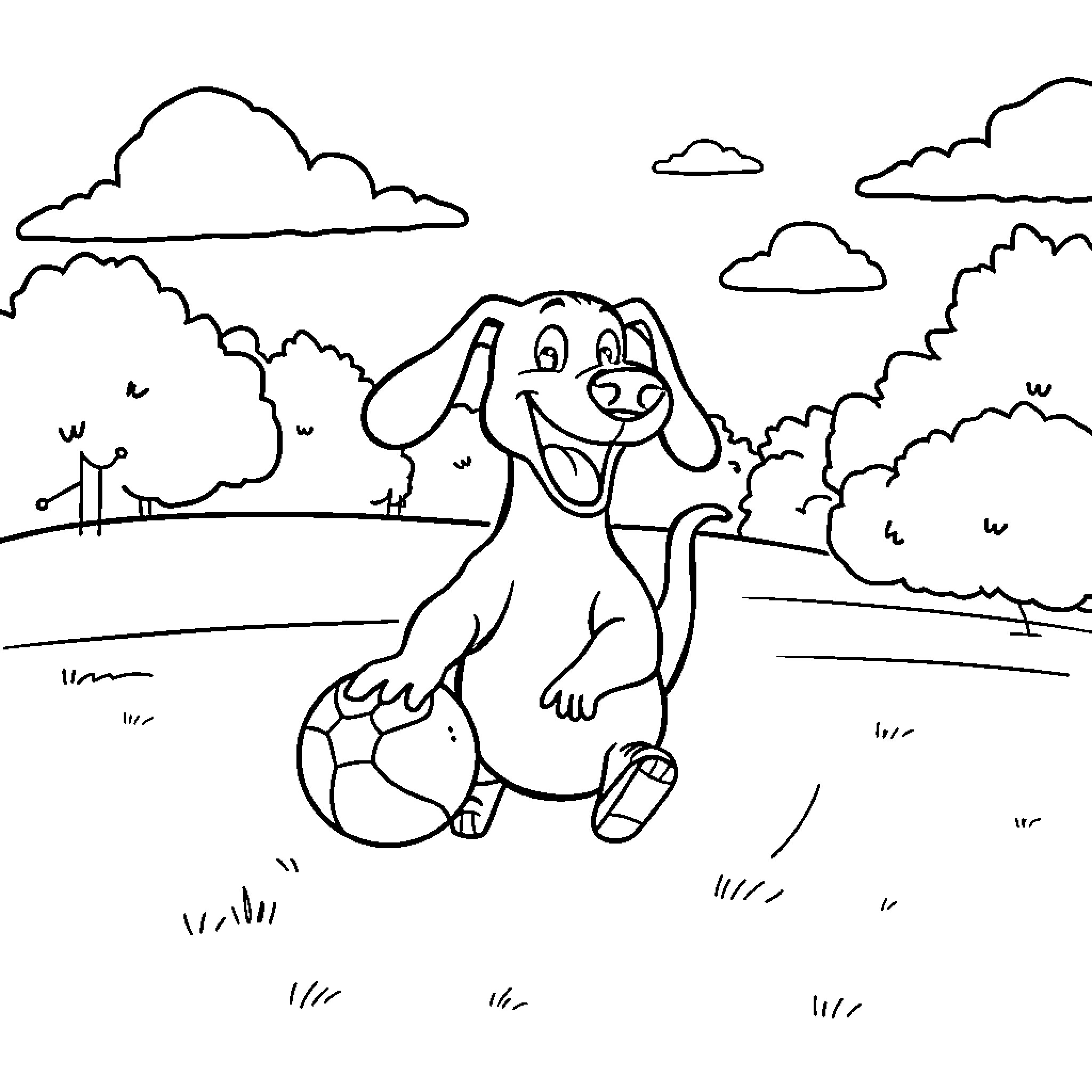 Sausage Dog enjoying a sunny day outdoors Coloring Page (free black-and-white line drawing printable PDF for all, from beginners to advanced learners, including children, teens, adults, and seniors)