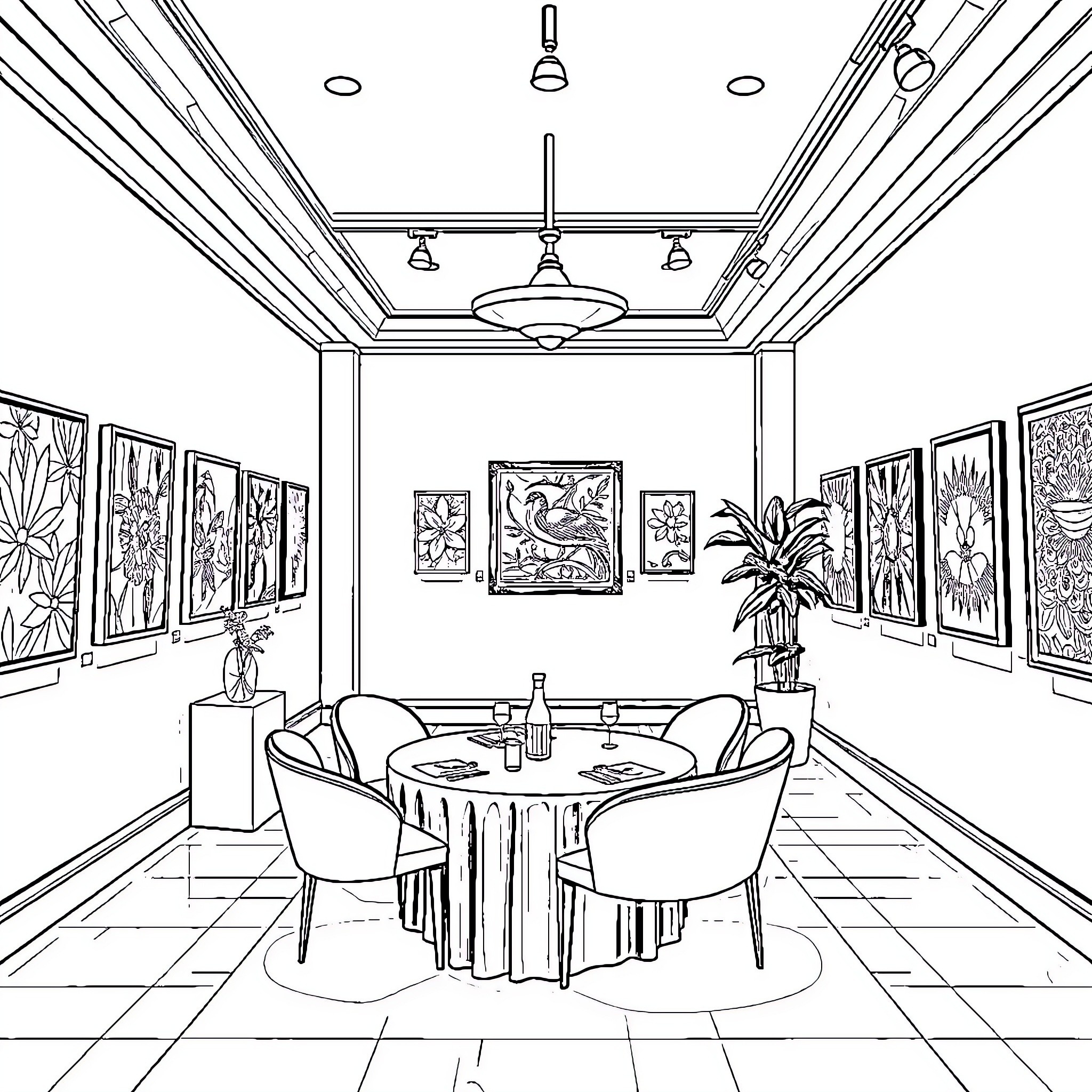Gallery of Elegant Art Deco Dining Room Coloring Page (free black-and-white line drawing printable PDF for all, from beginners to advanced learners, including children, teens, adults, and seniors)