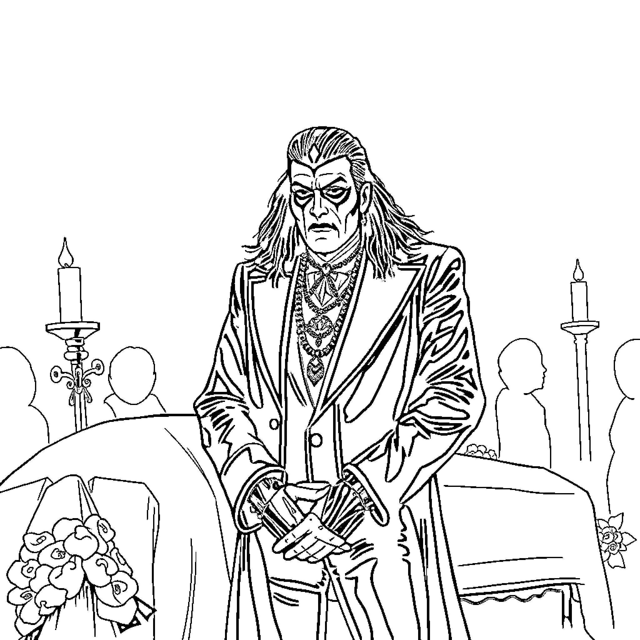 King Adorned in Regal Garb Presiding Over Formal Gathering Coloring Page (free black-and-white line drawing printable PDF for all, from beginners to advanced learners, including children, teens, adults, and seniors)
