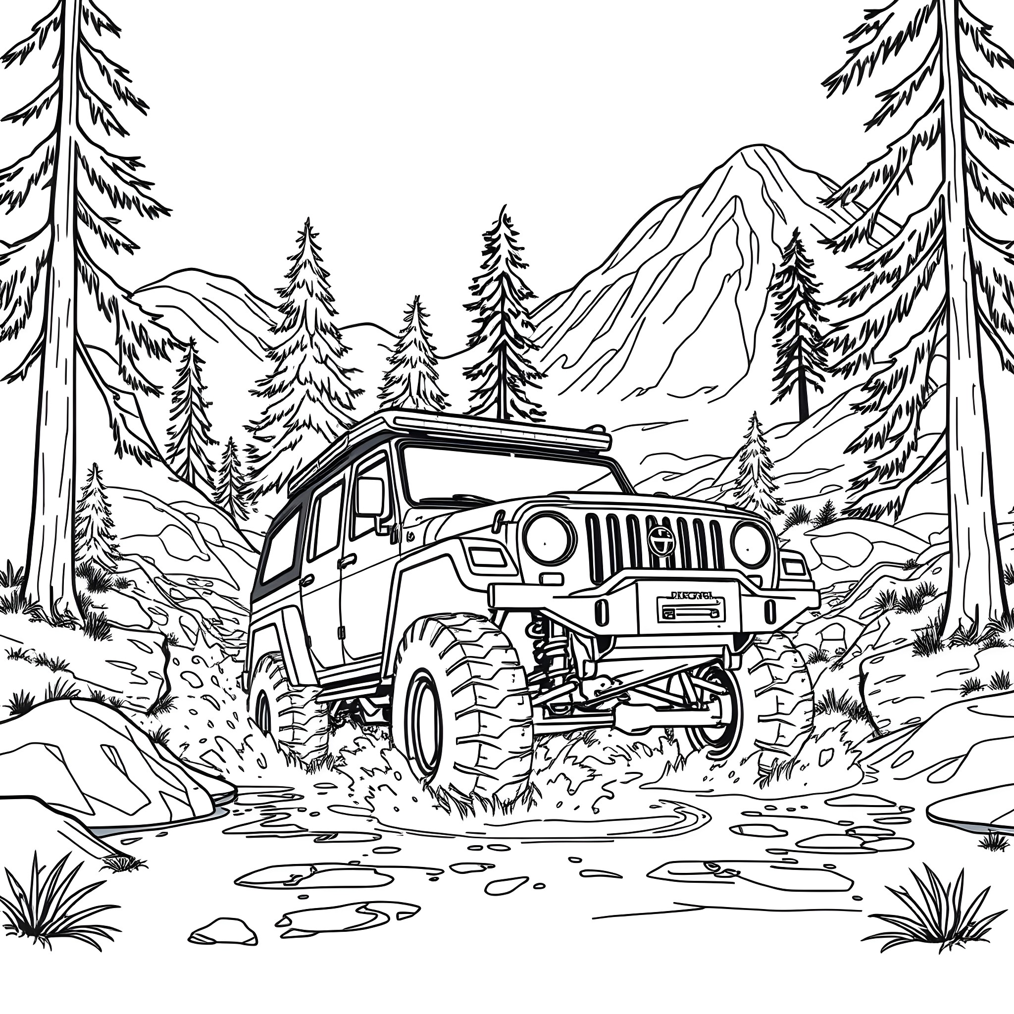 Truck traversing through rugged mountain terrain Coloring Page (free black-and-white line drawing printable PDF for all, from beginners to advanced learners, including children, teens, adults, and seniors)