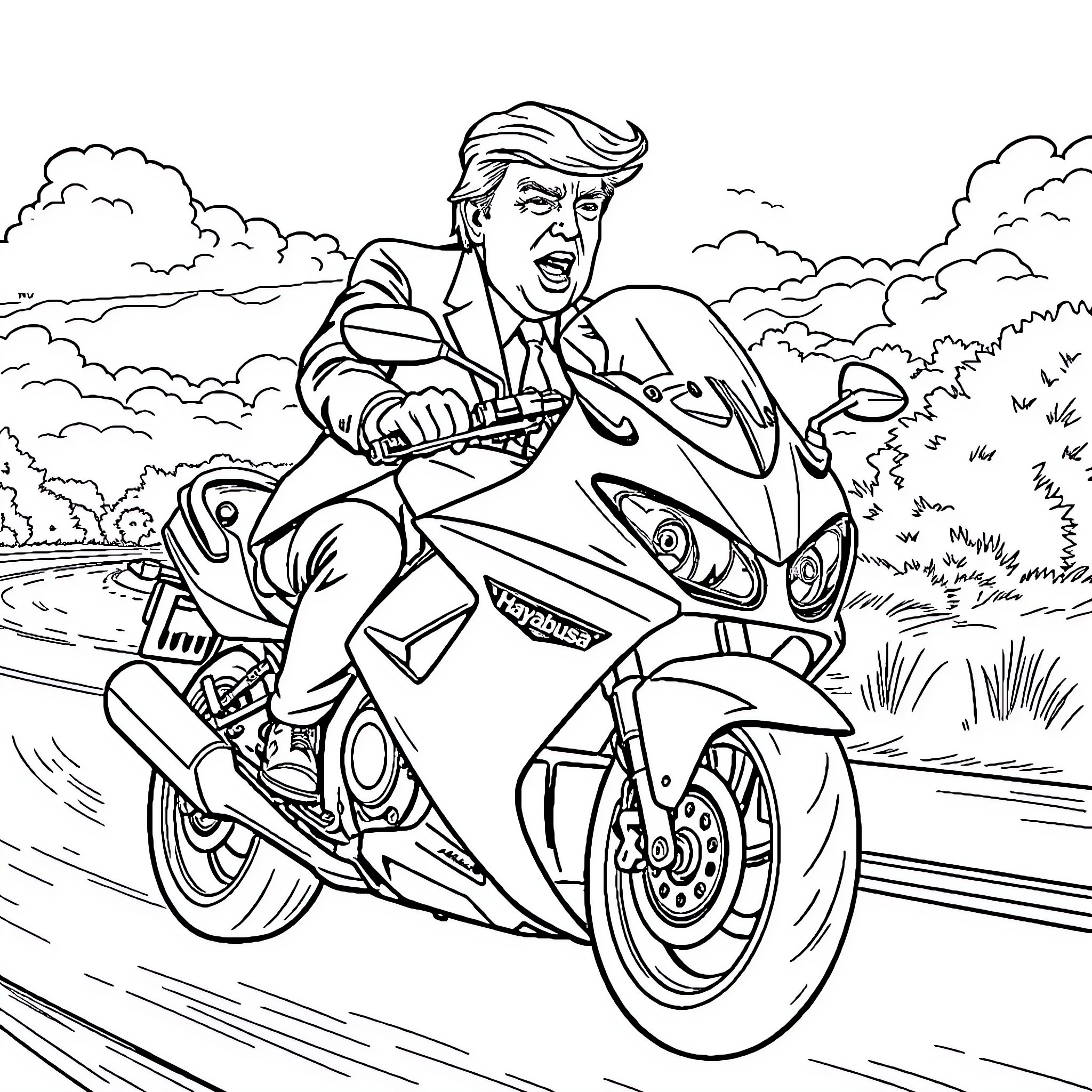 Donald Trump riding a motorcycle through the countryside Coloring Page (free black-and-white line drawing printable PDF for all, from beginners to advanced learners, including children, teens, adults, and seniors)