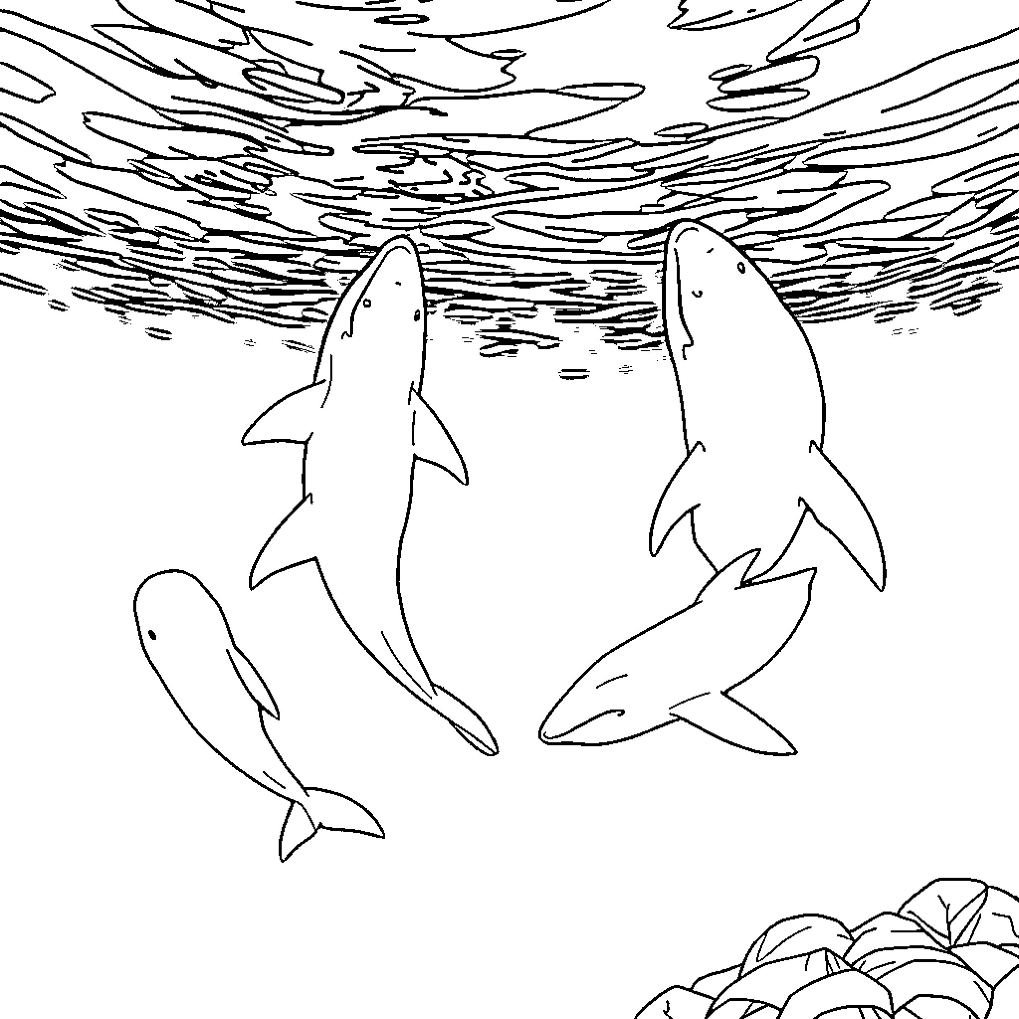 Sharks swimming peacefully in the ocean Coloring Page (free black-and-white line drawing printable PDF for all, from beginners to advanced learners, including children, teens, adults, and seniors)