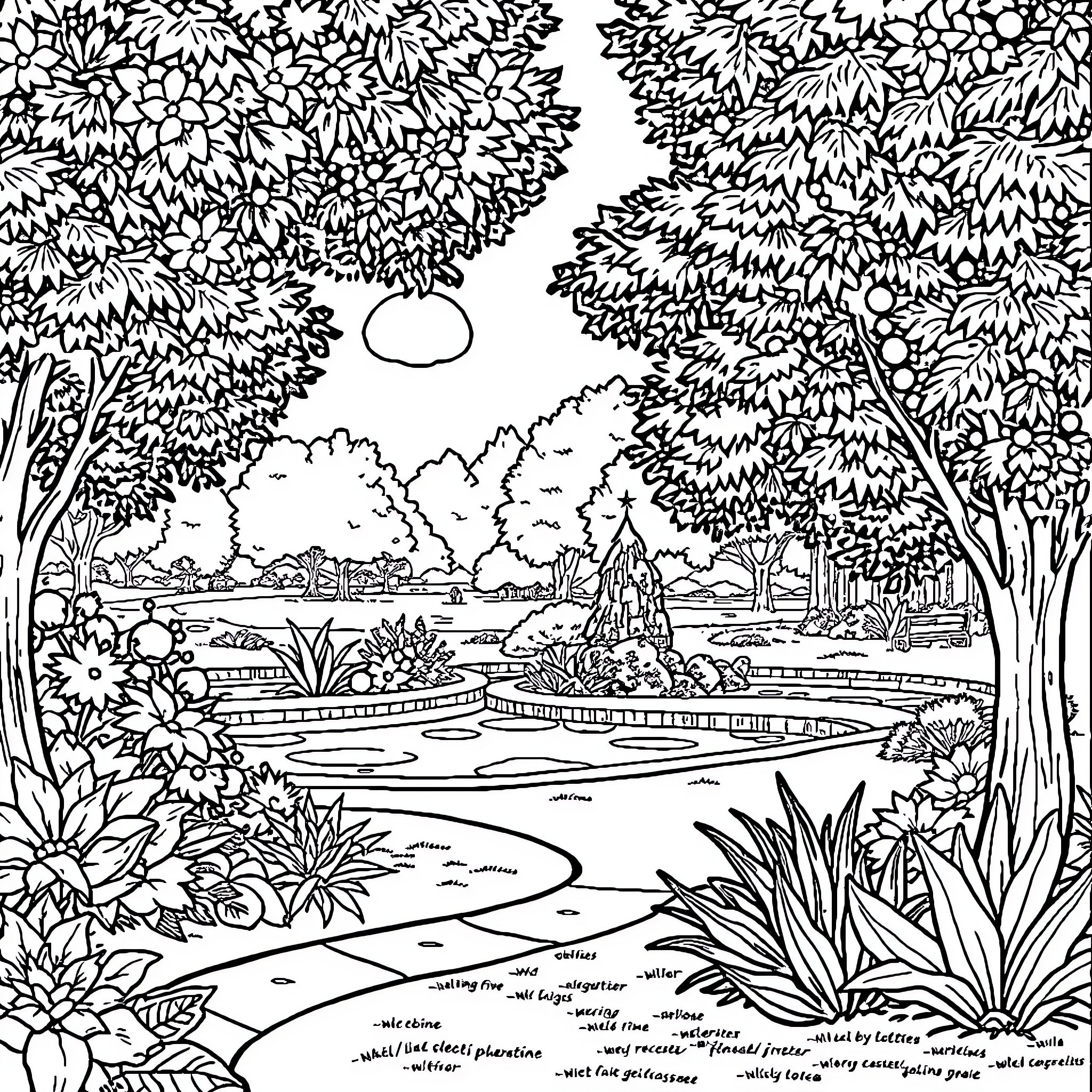Park landscape with trees and pond Coloring Page (free black-and-white line drawing printable PDF for all, from beginners to advanced learners, including children, teens, adults, and seniors)
