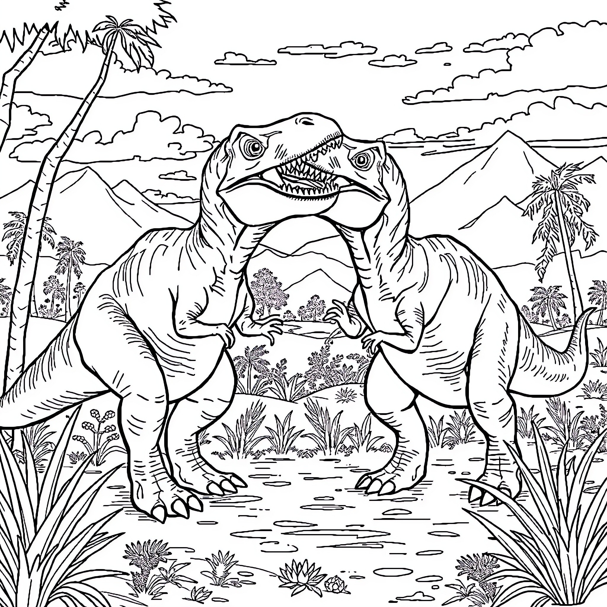 Tyrannosaurus Dinosaurs in Prehistoric Landscape Coloring Page (free black-and-white line drawing printable PDF for all, from beginners to advanced learners, including children, teens, adults, and seniors)
