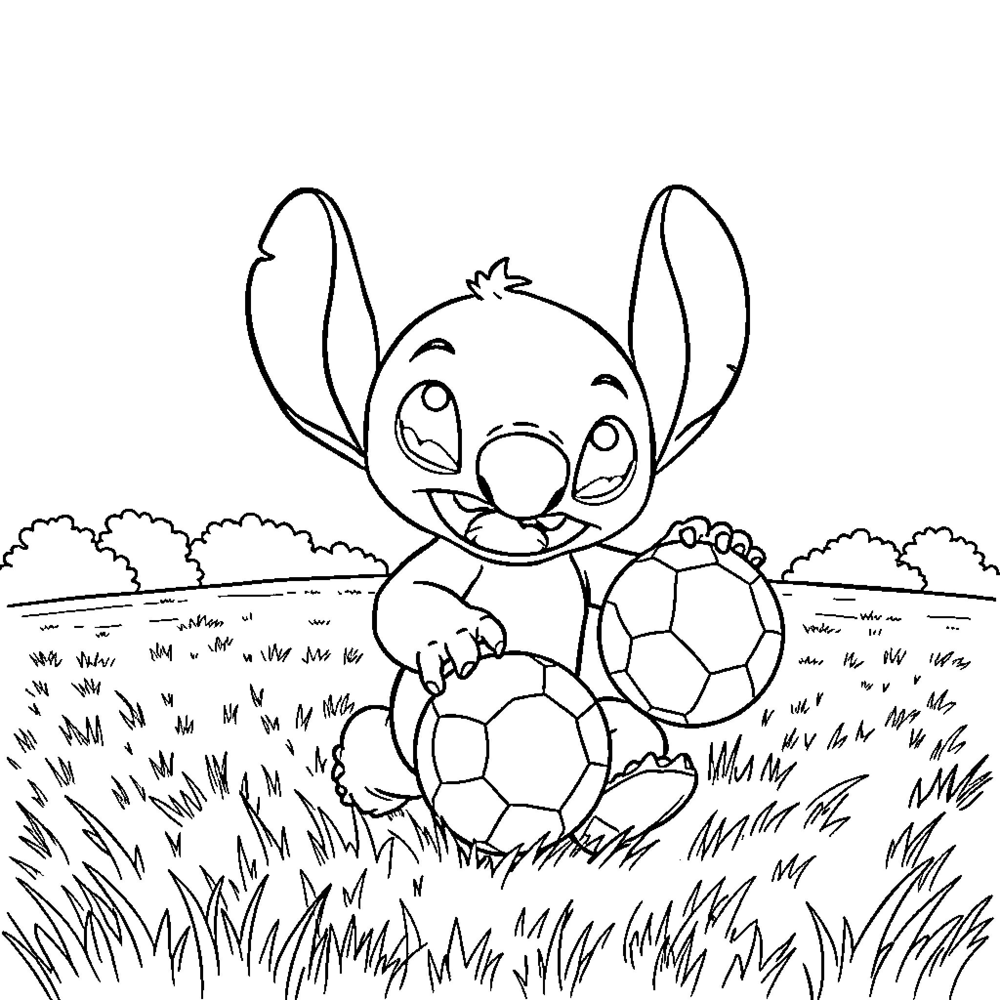 Stitch playing joyfully with soccer balls in the meadow Coloring Page (free black-and-white line drawing printable PDF for all, from beginners to advanced learners, including children, teens, adults, and seniors)