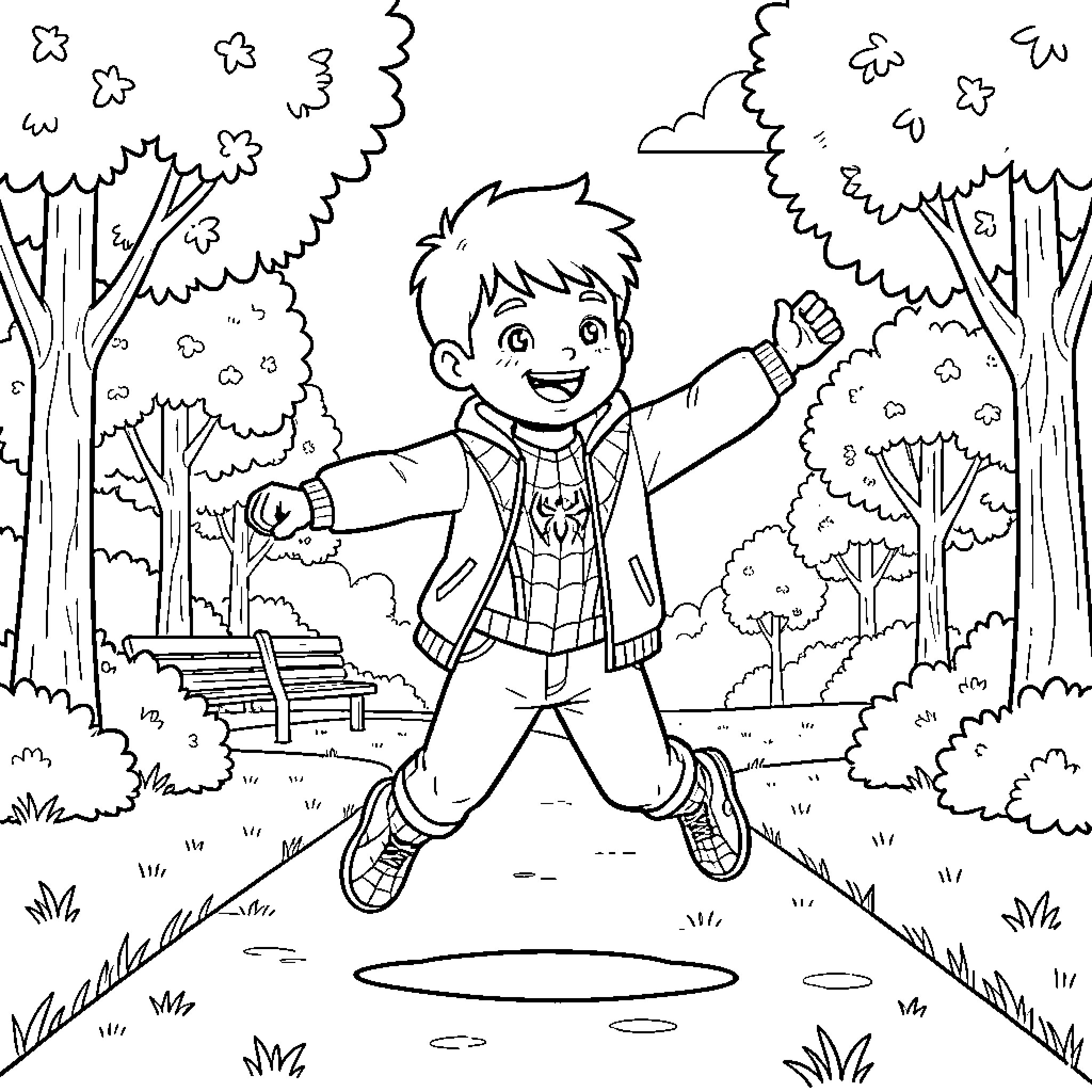 Niño jumping with joy in the park Coloring Page (free black-and-white line drawing printable PDF for all, from beginners to advanced learners, including children, teens, adults, and seniors)