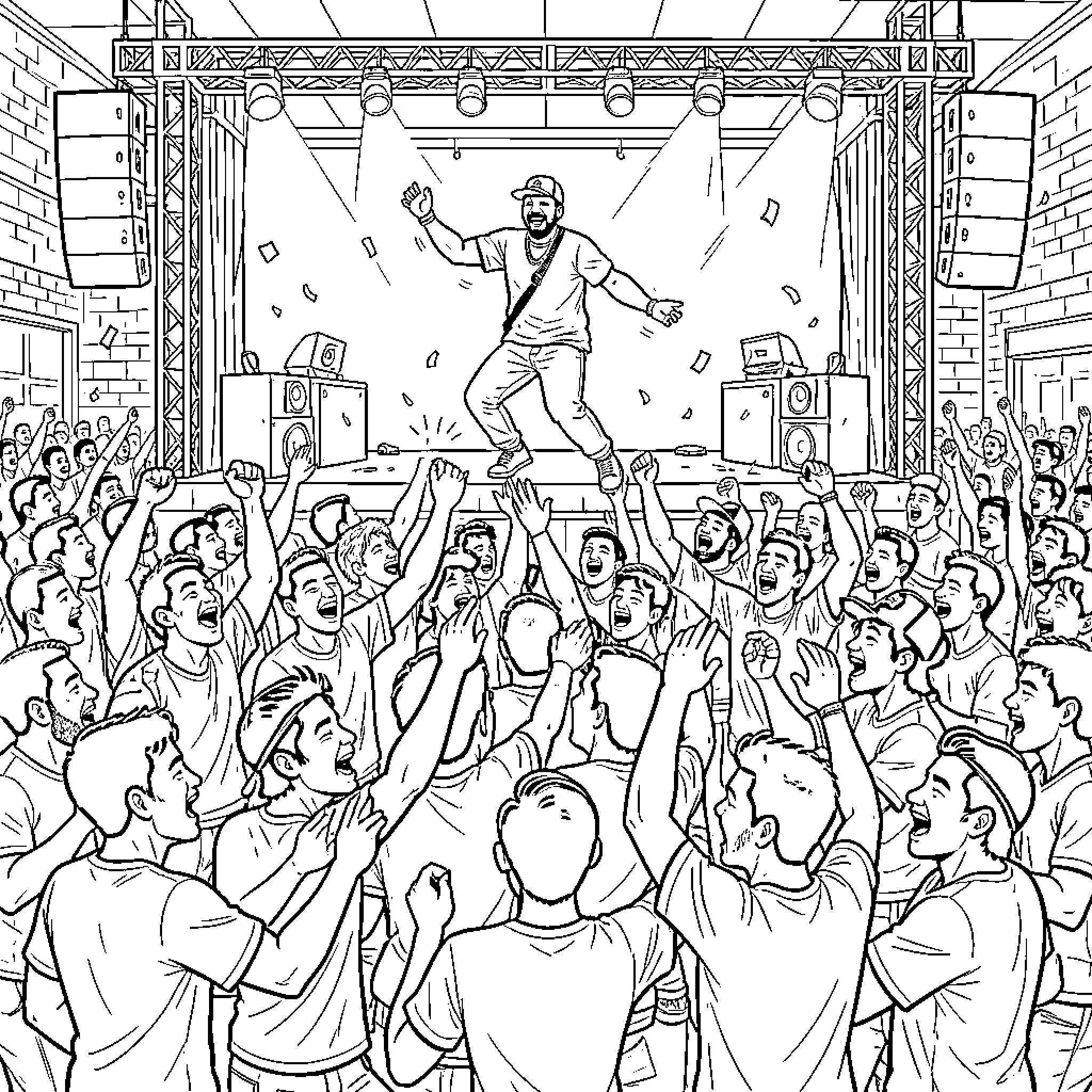 Rapper commanding the stage before enthusiastic crowd Coloring Page (free black-and-white line drawing printable PDF for all, from beginners to advanced learners, including children, teens, adults, and seniors)