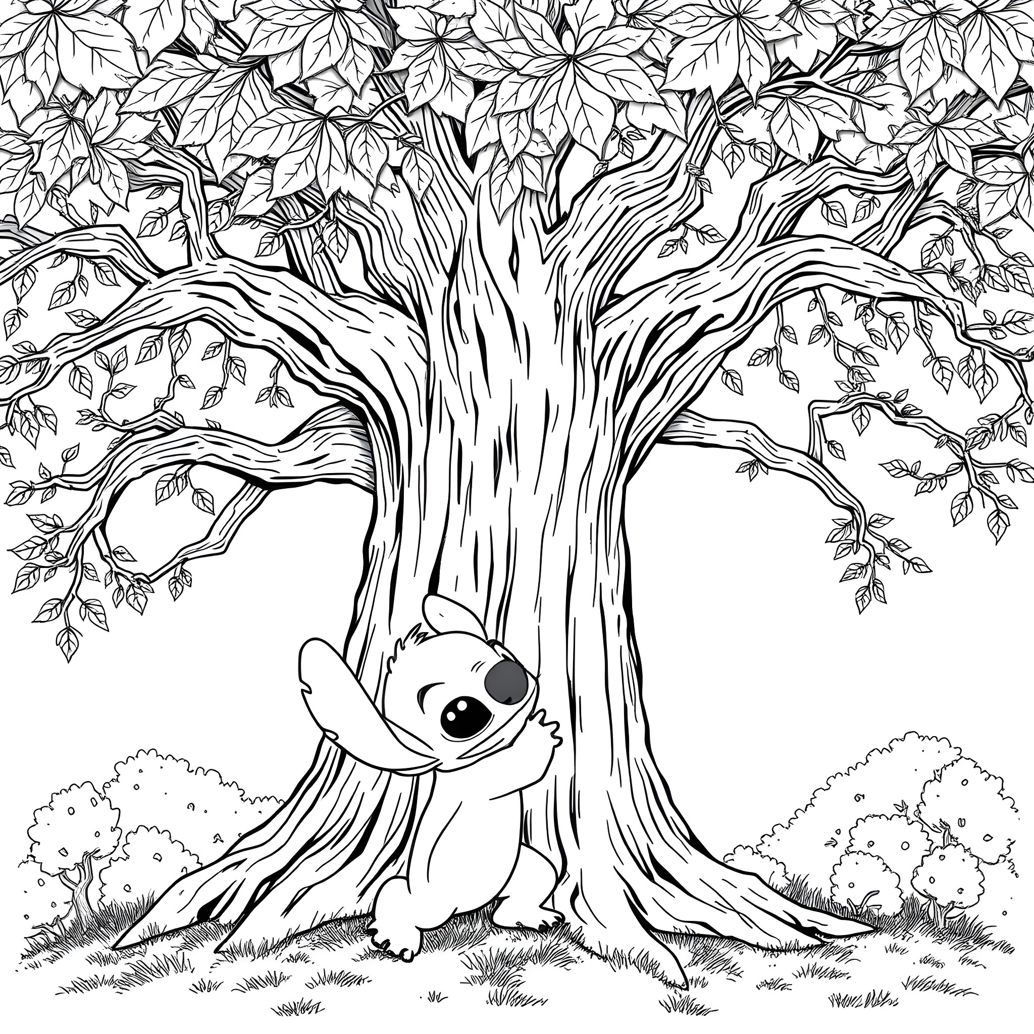 Stitch hiding in the enchanted forest Coloring Page (free black-and-white line drawing printable PDF for all, from beginners to advanced learners, including children, teens, adults, and seniors)