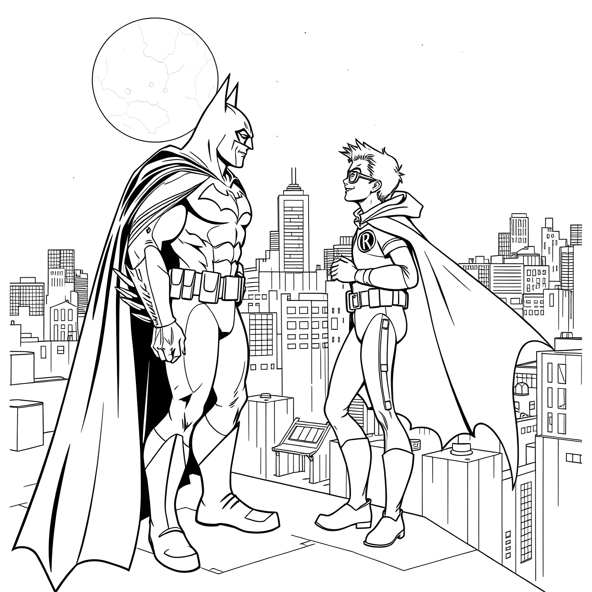 Batman and Robin facing off against the city skyline Coloring Page (free black-and-white line drawing printable PDF for all, from beginners to advanced learners, including children, teens, adults, and seniors)