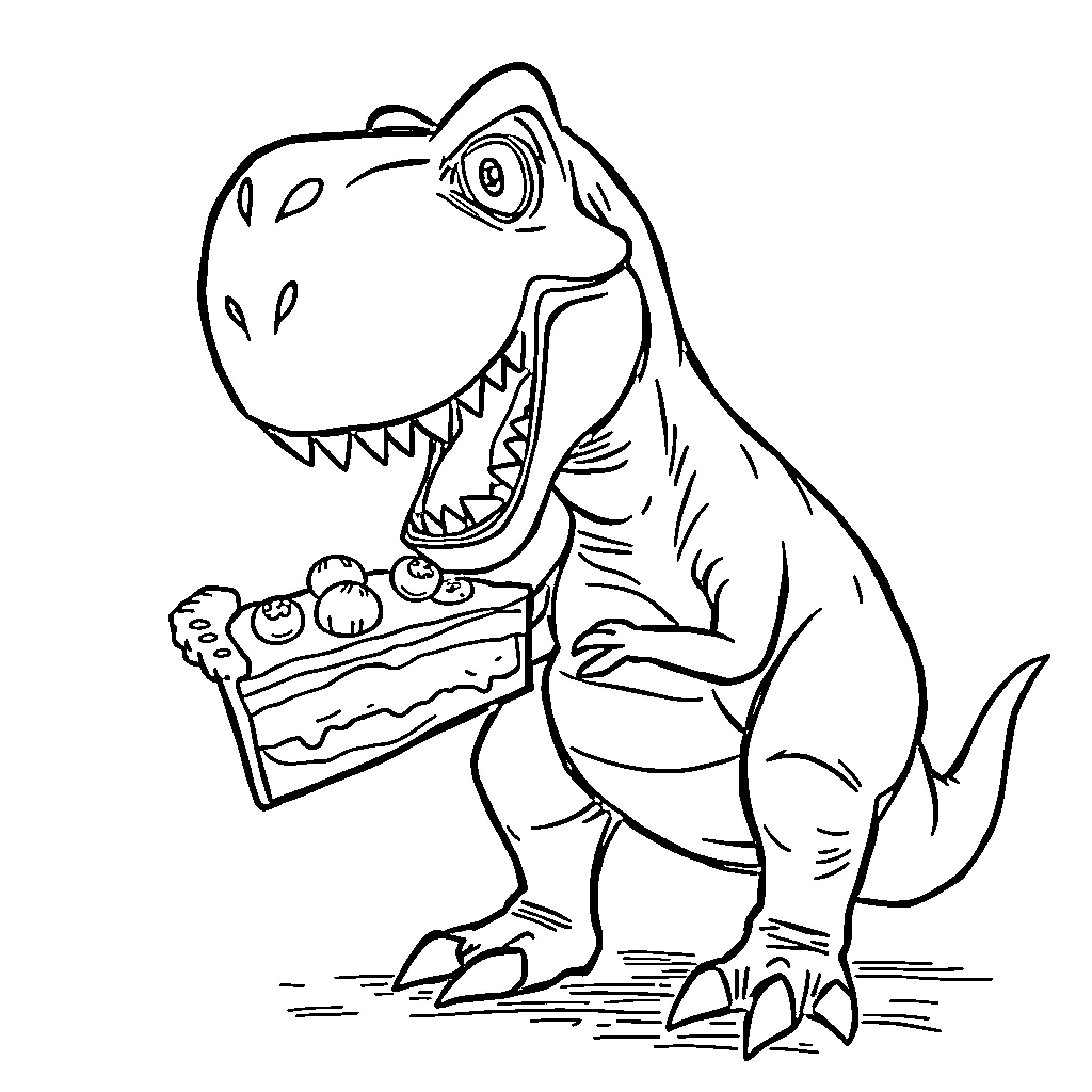 T-Rex Enjoying a Tasty Treat Coloring Page (free black-and-white line drawing printable PDF for all, from beginners to advanced learners, including children, teens, adults, and seniors)