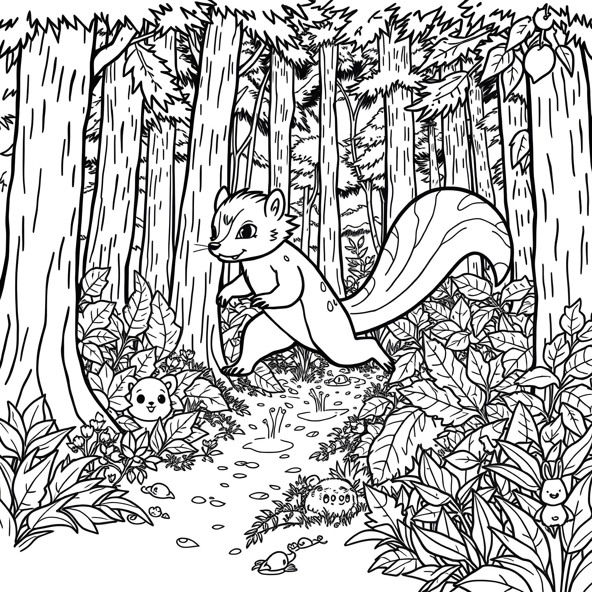 Furret exploring the lush forest with small companions Coloring Page (free black-and-white line drawing printable PDF for all, from beginners to advanced learners, including children, teens, adults, and seniors)