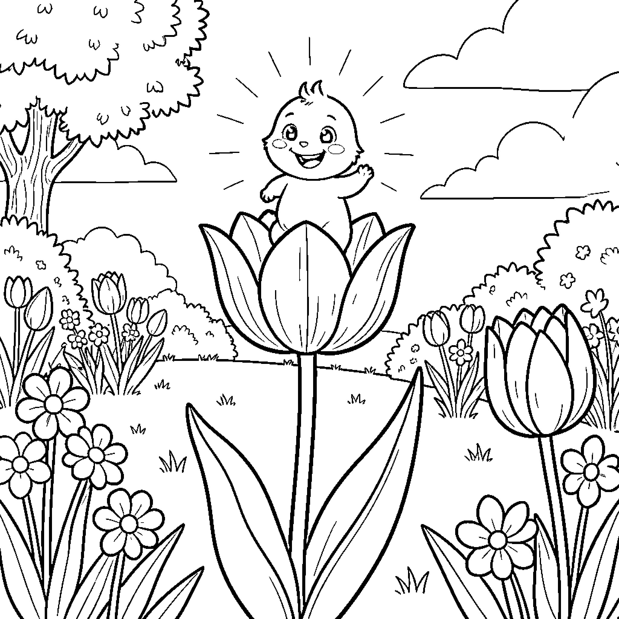 Bichito de Luz enjoying nature's beauty Coloring Page (free black-and-white line drawing printable PDF for all, from beginners to advanced learners, including children, teens, adults, and seniors)