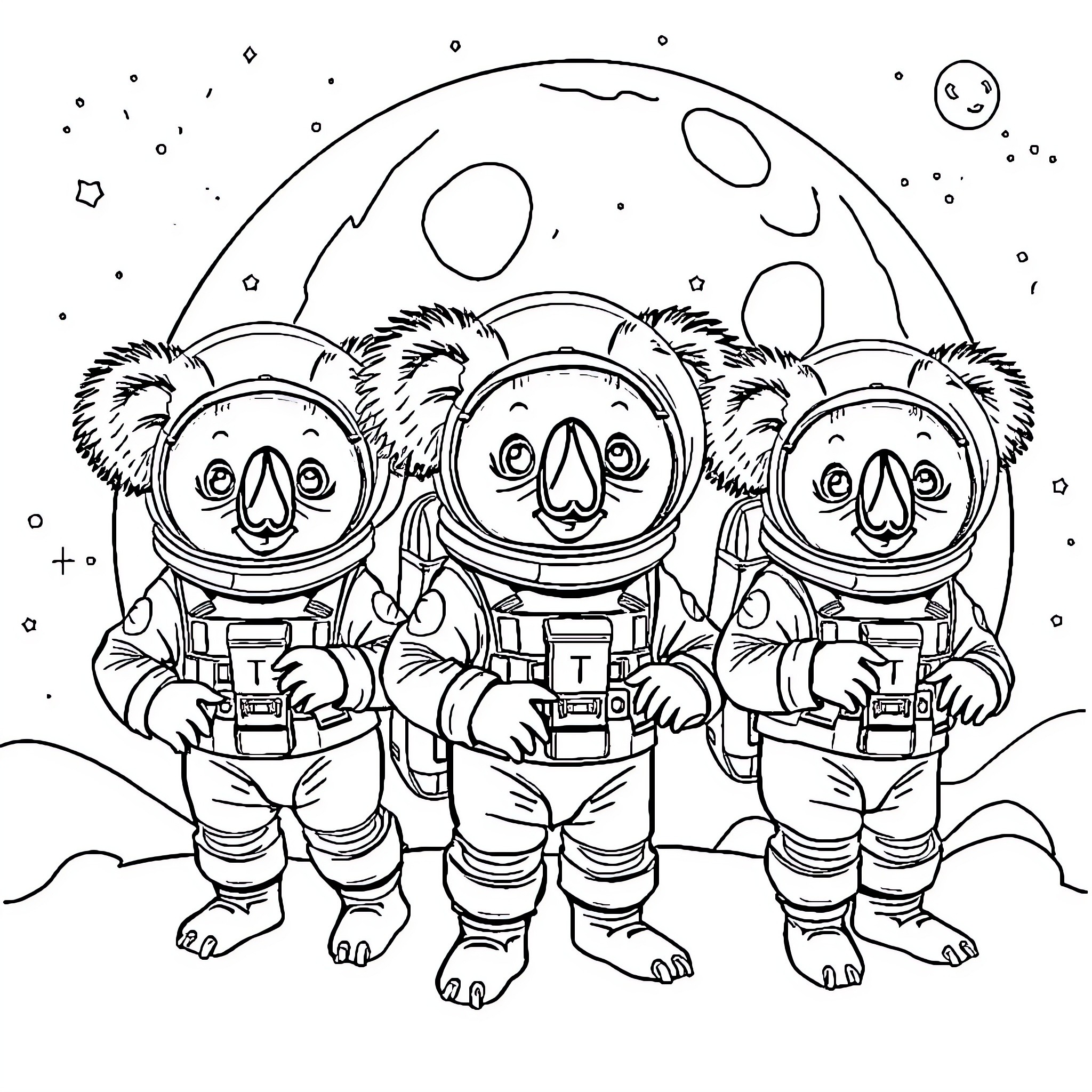 Koala astronauts exploring the moon Coloring Page (free black-and-white line drawing printable PDF for all, from beginners to advanced learners, including children, teens, adults, and seniors)