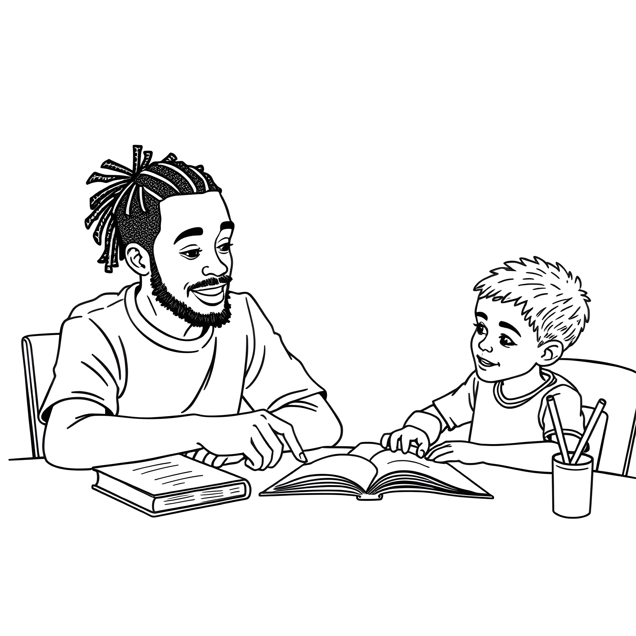 Father helps his son with homework Coloring Page (free black-and-white line drawing printable PDF for all, from beginners to advanced learners, including children, teens, adults, and seniors)