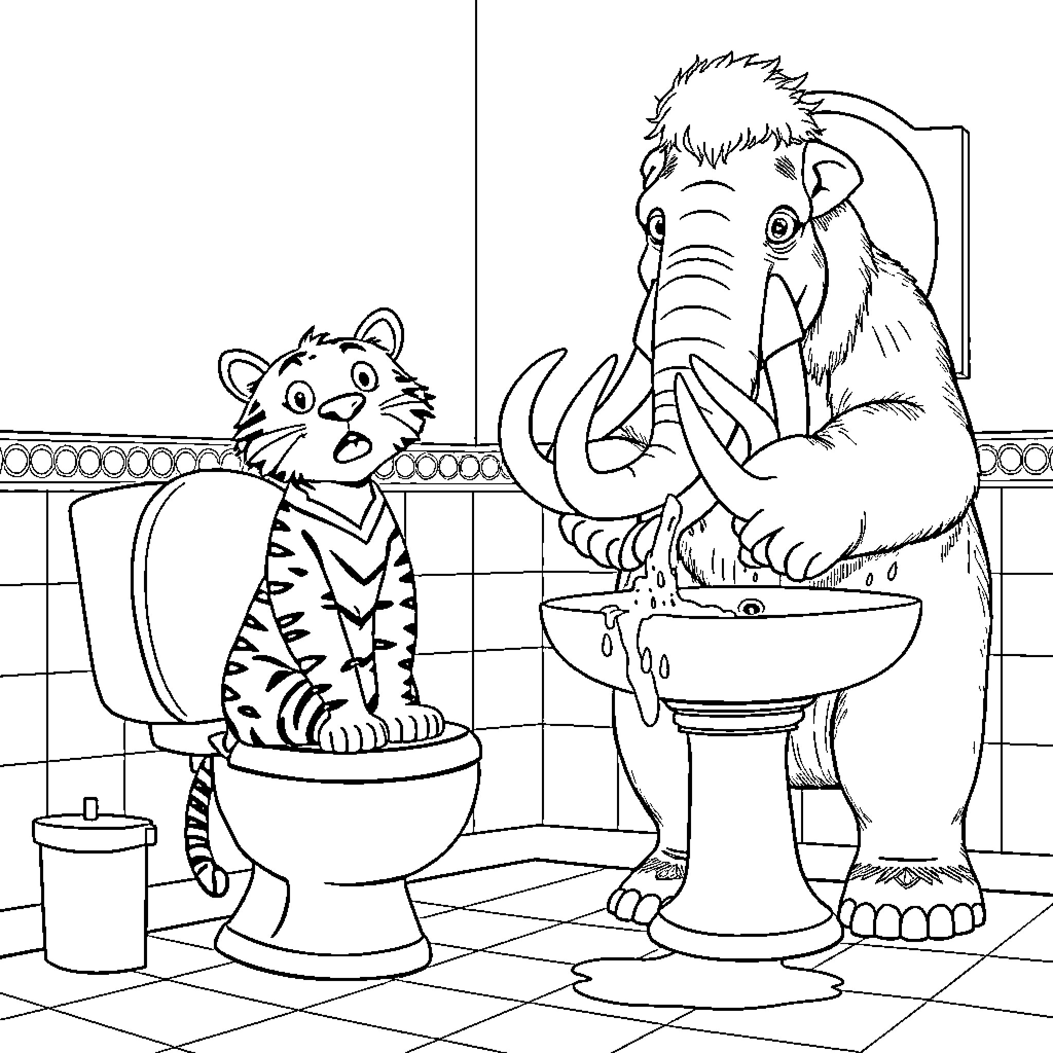 Tiger's amusing antics in the bathroom Coloring Page (free black-and-white line drawing printable PDF for all, from beginners to advanced learners, including children, teens, adults, and seniors)