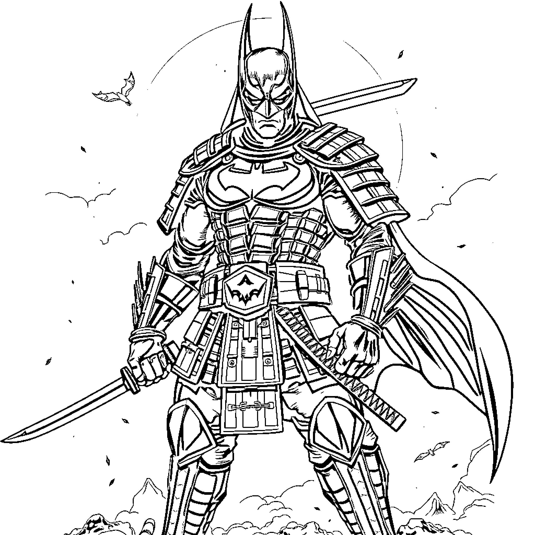 Samurai Batman in Dramatic Battle Pose Coloring Page (free black-and-white line drawing printable PDF for all, from beginners to advanced learners, including children, teens, adults, and seniors)
