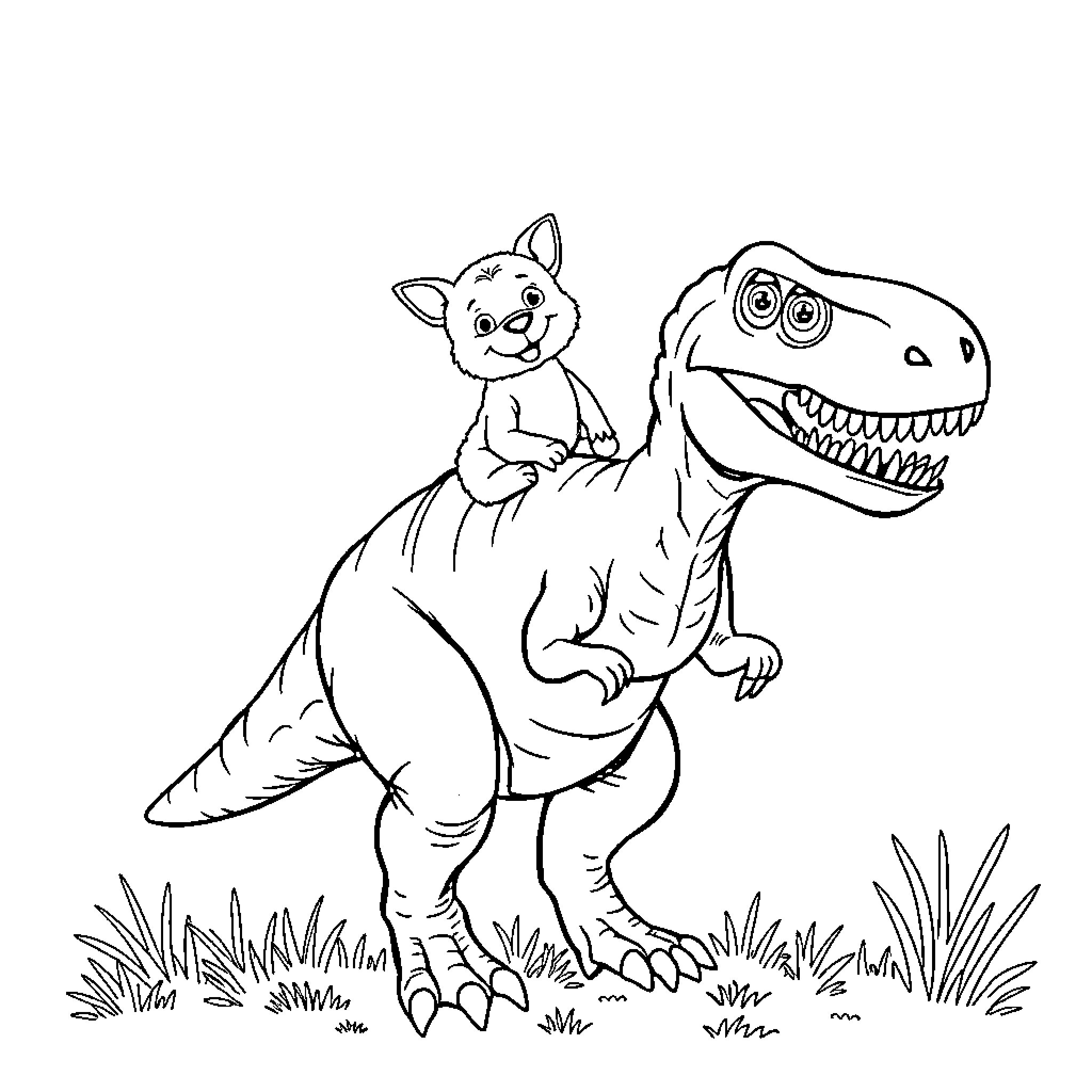 Dog riding on a friendly dinosaur Coloring Page (free black-and-white line drawing printable PDF for all, from beginners to advanced learners, including children, teens, adults, and seniors)