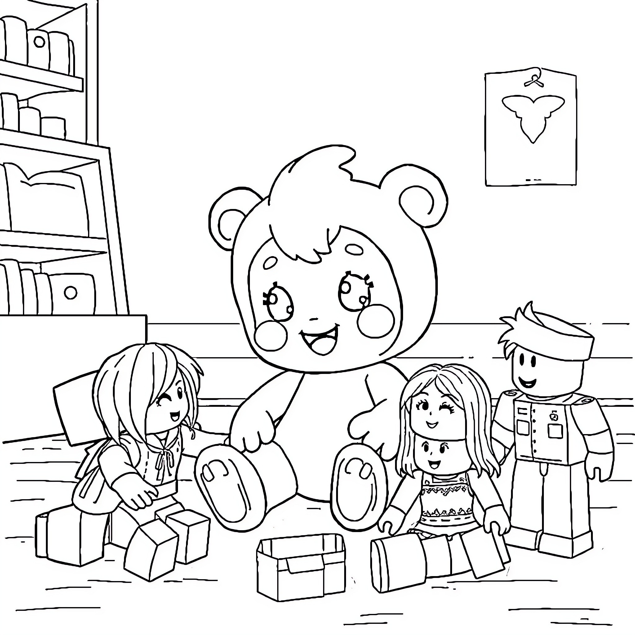 Labubu and friends playing with toys in the room Coloring Page (free black-and-white line drawing printable PDF for all, from beginners to advanced learners, including children, teens, adults, and seniors)